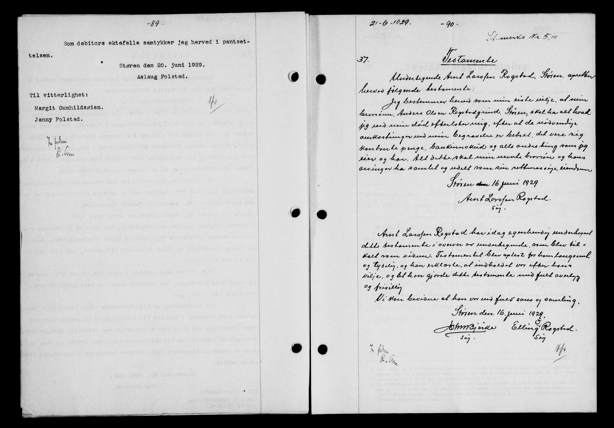 Gauldal sorenskriveri, AV/SAT-A-0014/1/2/2C/L0038: Mortgage book no. 39, 1929-1930, Deed date: 21.06.1929