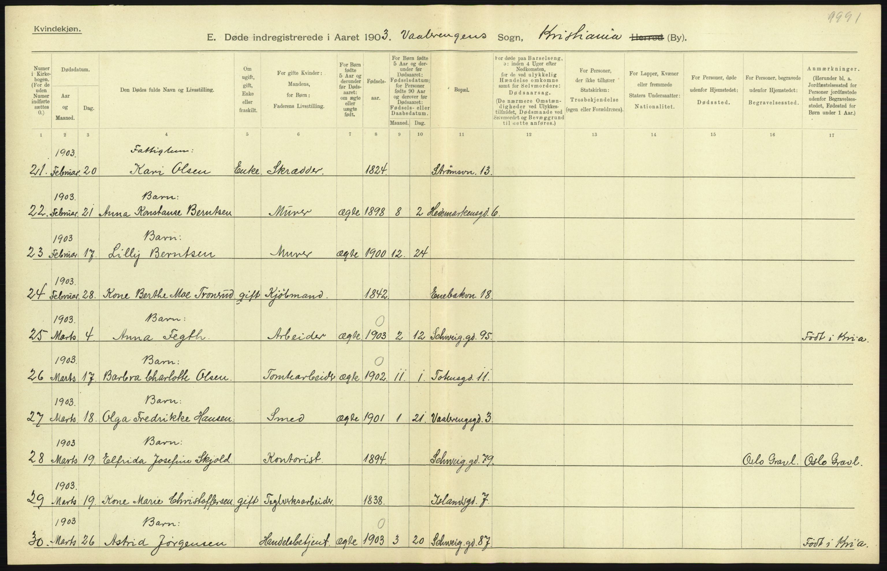 Statistisk sentralbyrå, Sosiodemografiske emner, Befolkning, AV/RA-S-2228/D/Df/Dfa/Dfaa/L0004: Kristiania: Gifte, døde, 1903, p. 427