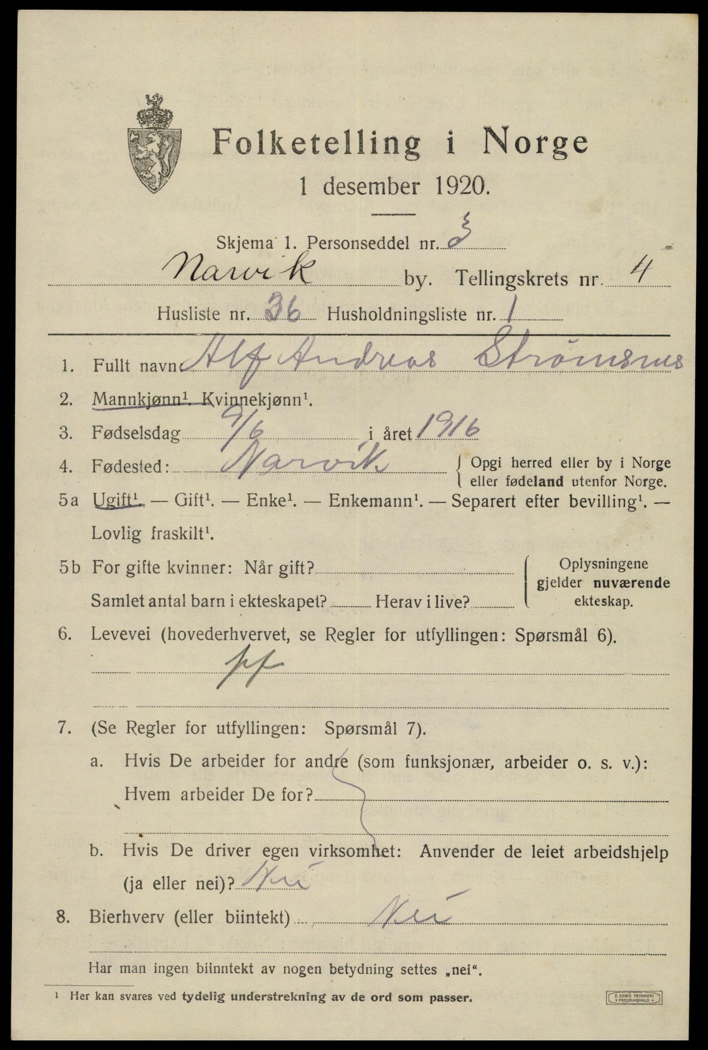 SAT, 1920 census for Narvik, 1920, p. 15408