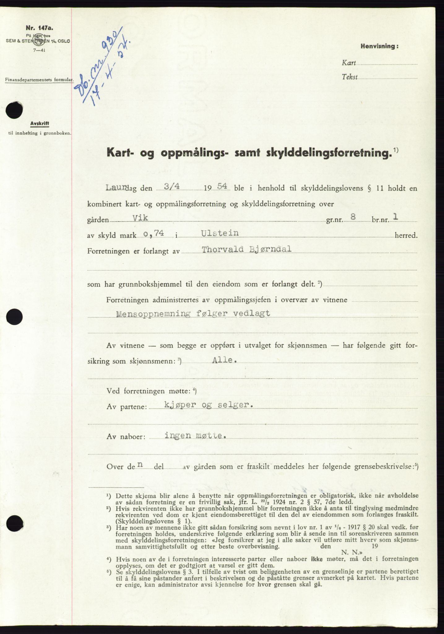 Søre Sunnmøre sorenskriveri, AV/SAT-A-4122/1/2/2C/L0097: Mortgage book no. 23A, 1954-1954, Diary no: : 930/1954