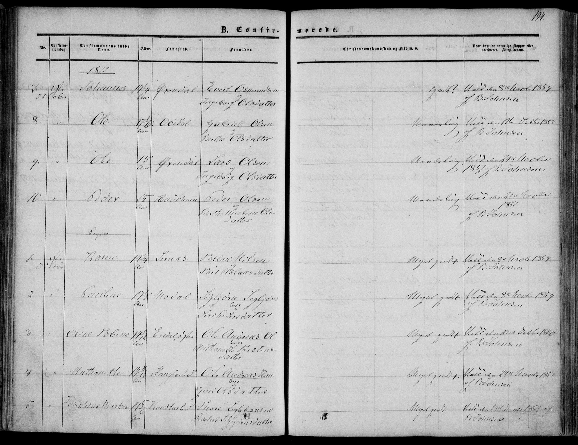 Bakke sokneprestkontor, AV/SAK-1111-0002/F/Fa/Faa/L0006: Parish register (official) no. A 6, 1855-1877, p. 194