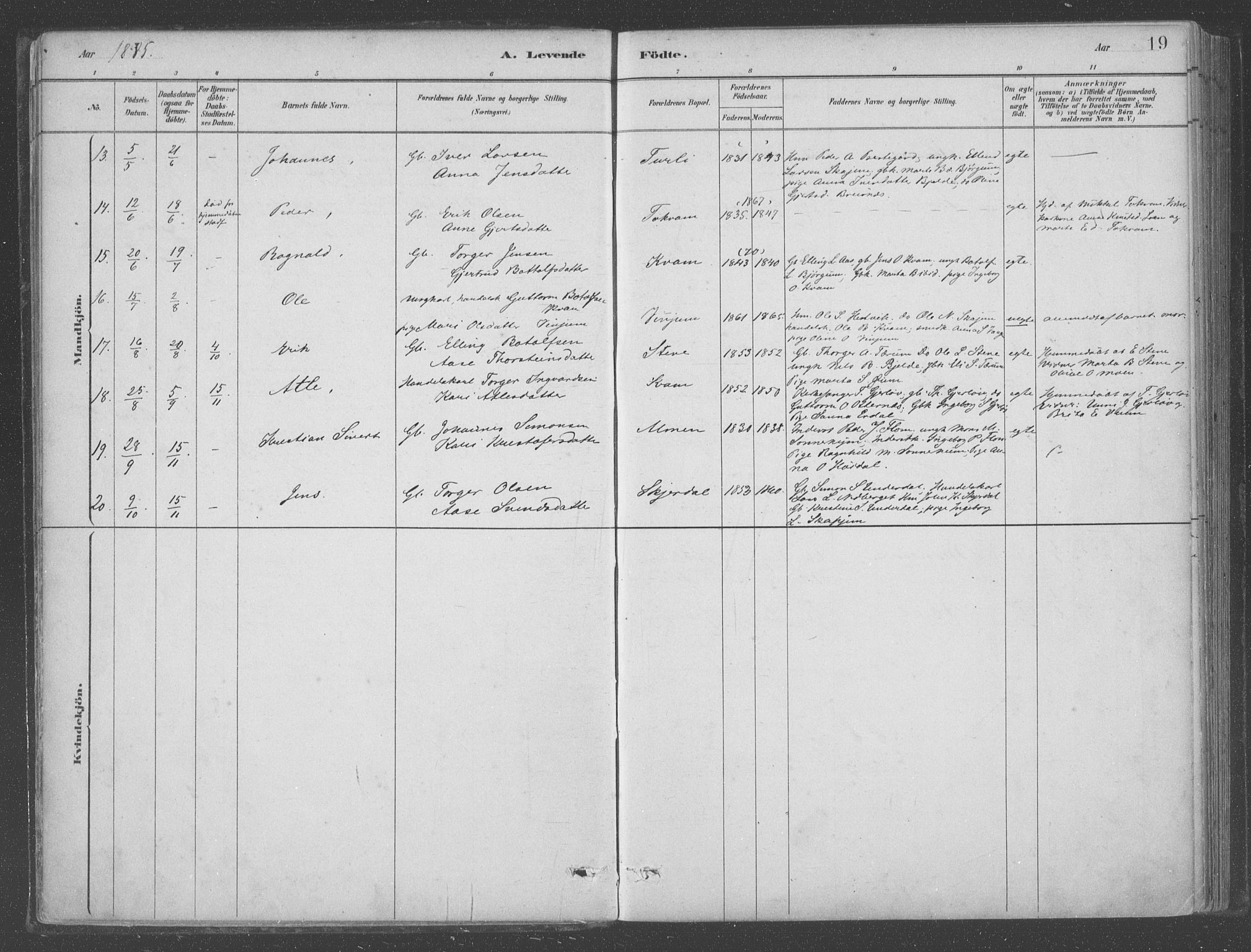 Aurland sokneprestembete, SAB/A-99937/H/Ha/Hab/L0001: Parish register (official) no. B  1, 1880-1909, p. 19