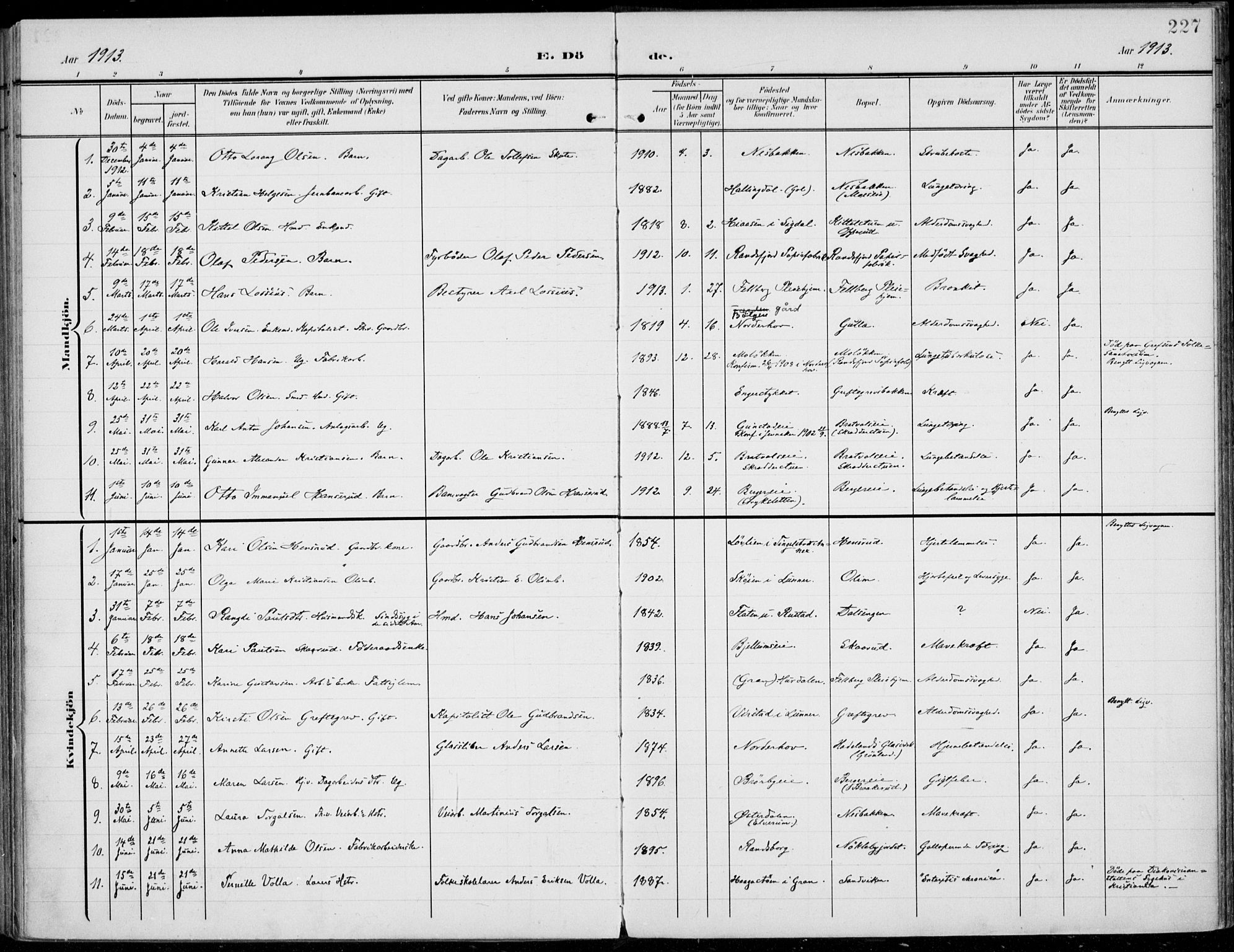 Jevnaker prestekontor, SAH/PREST-116/H/Ha/Haa/L0011: Parish register (official) no. 11, 1902-1913, p. 227