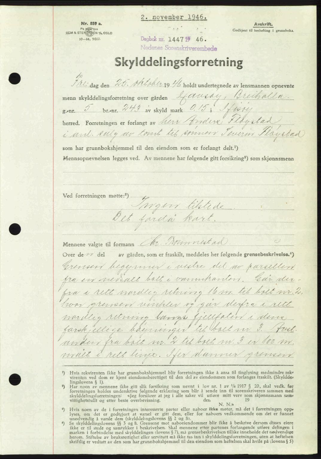 Nedenes sorenskriveri, SAK/1221-0006/G/Gb/Gba/L0056: Mortgage book no. A8, 1946-1947, Diary no: : 1447/1946