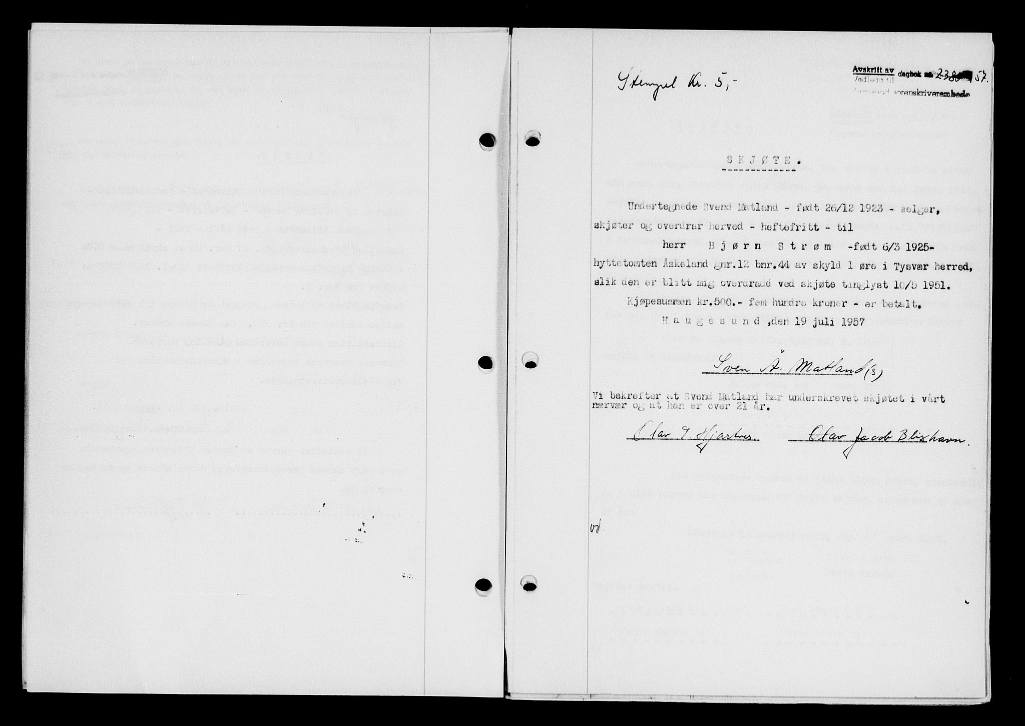 Karmsund sorenskriveri, AV/SAST-A-100311/01/II/IIB/L0125: Mortgage book no. 105A, 1957-1957, Diary no: : 2380/1957