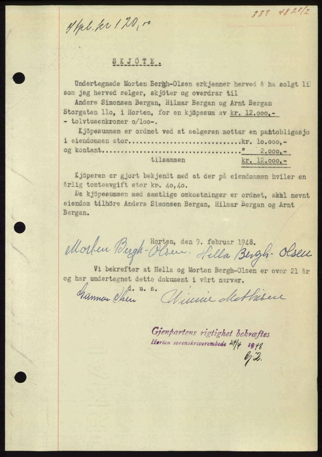 Horten sorenskriveri, AV/SAKO-A-133/G/Ga/Gaa/L0010: Mortgage book no. A-10, 1947-1948, Diary no: : 337/1948