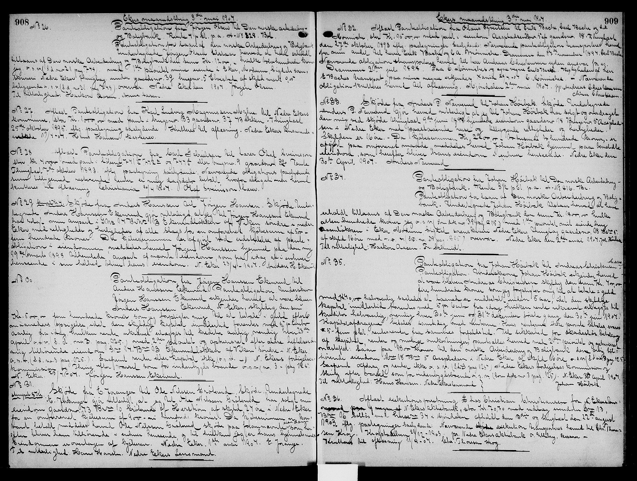 Eiker, Modum og Sigdal sorenskriveri, SAKO/A-123/G/Ga/Gaa/L0025: Mortgage book no. I 25, 1902-1904, p. 908-909