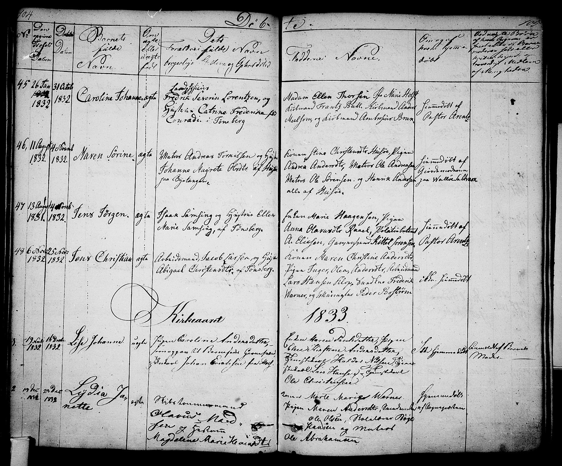 Tønsberg kirkebøker, SAKO/A-330/F/Fa/L0005: Parish register (official) no. I 5, 1827-1836, p. 104-105
