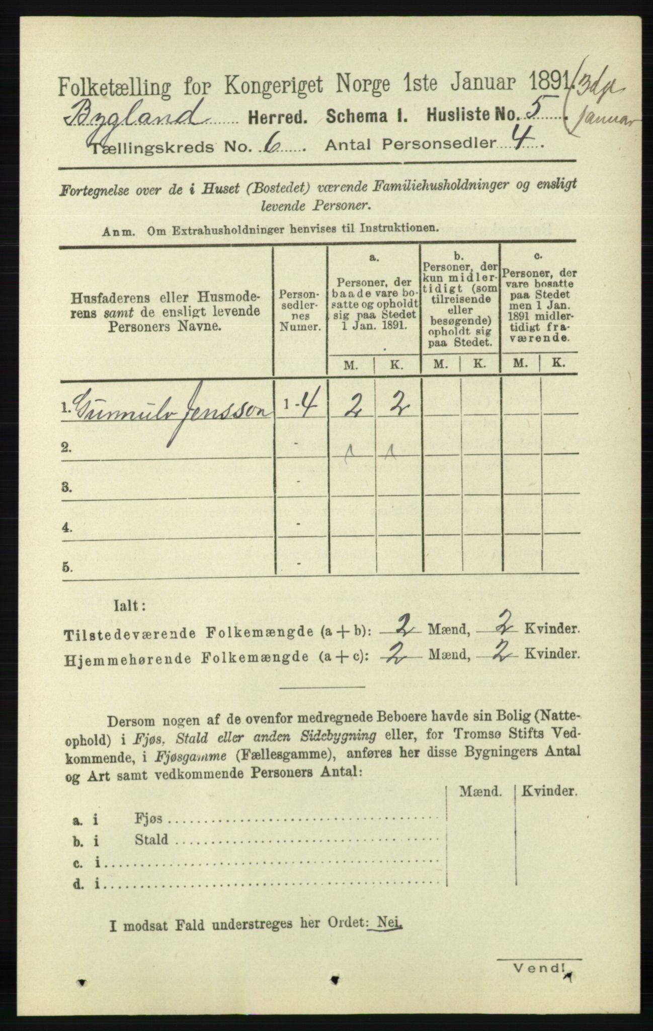 RA, 1891 census for 0938 Bygland, 1891, p. 1312