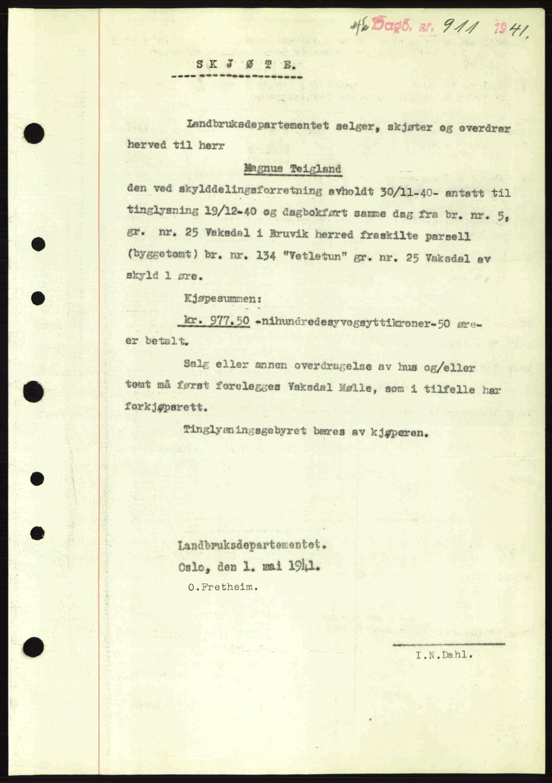 Nordhordland sorenskrivar, AV/SAB-A-2901/1/G/Gb/Gbf/L0013: Mortgage book no. A13, 1941-1941, Diary no: : 911/1941