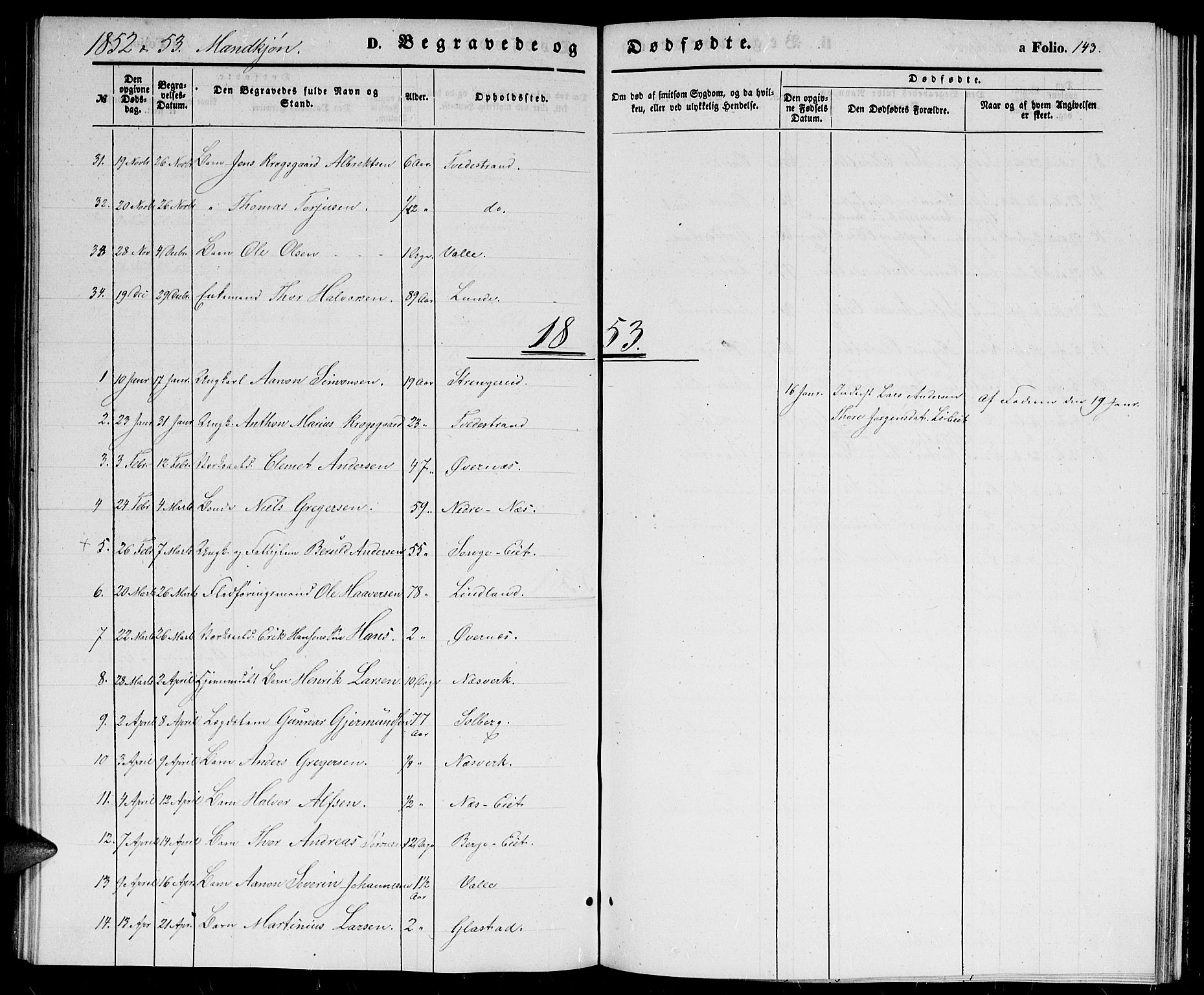 Holt sokneprestkontor, AV/SAK-1111-0021/F/Fb/L0007: Parish register (copy) no. B 7, 1849-1858, p. 143