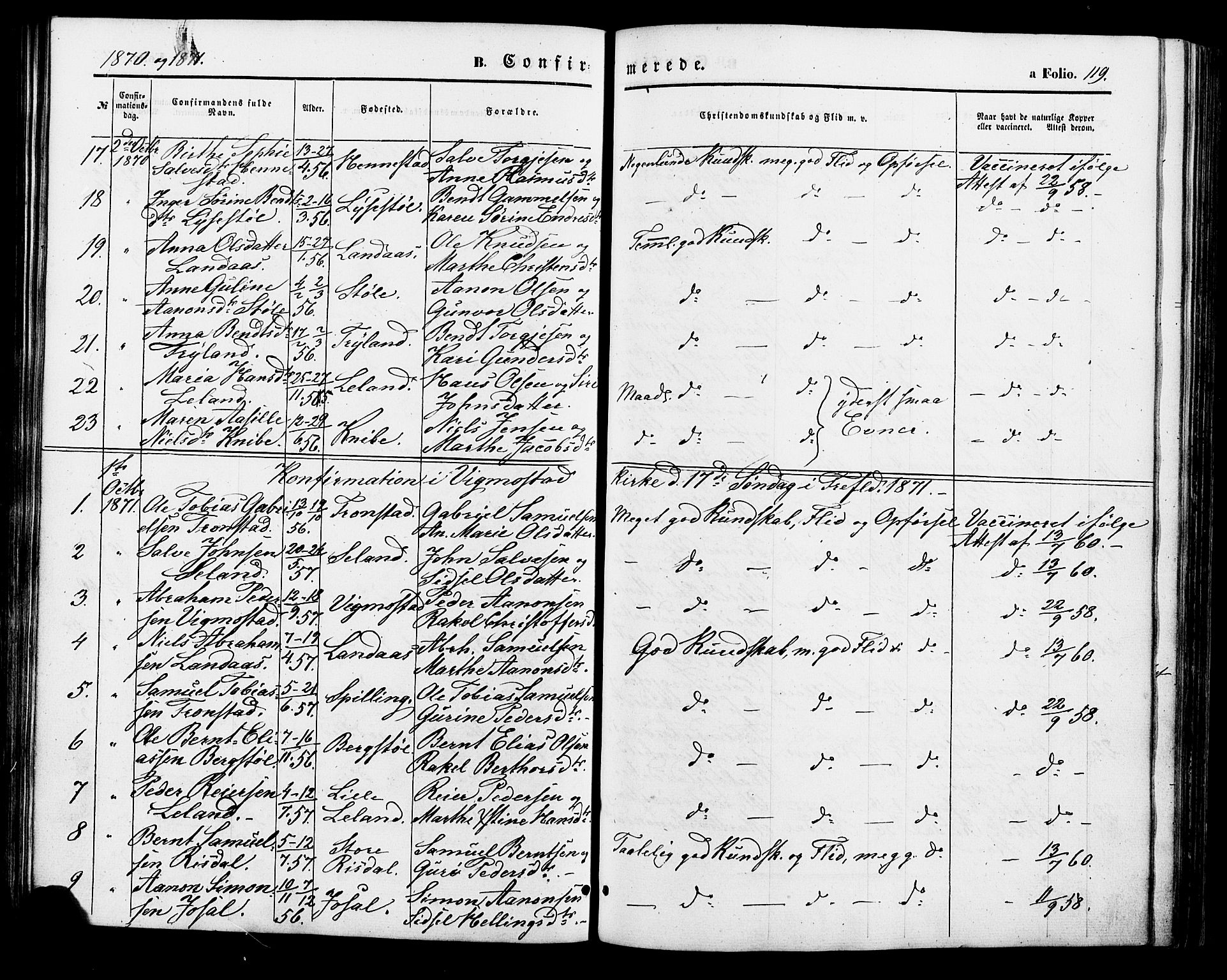 Nord-Audnedal sokneprestkontor, AV/SAK-1111-0032/F/Fa/Fab/L0002: Parish register (official) no. A 2, 1859-1882, p. 119