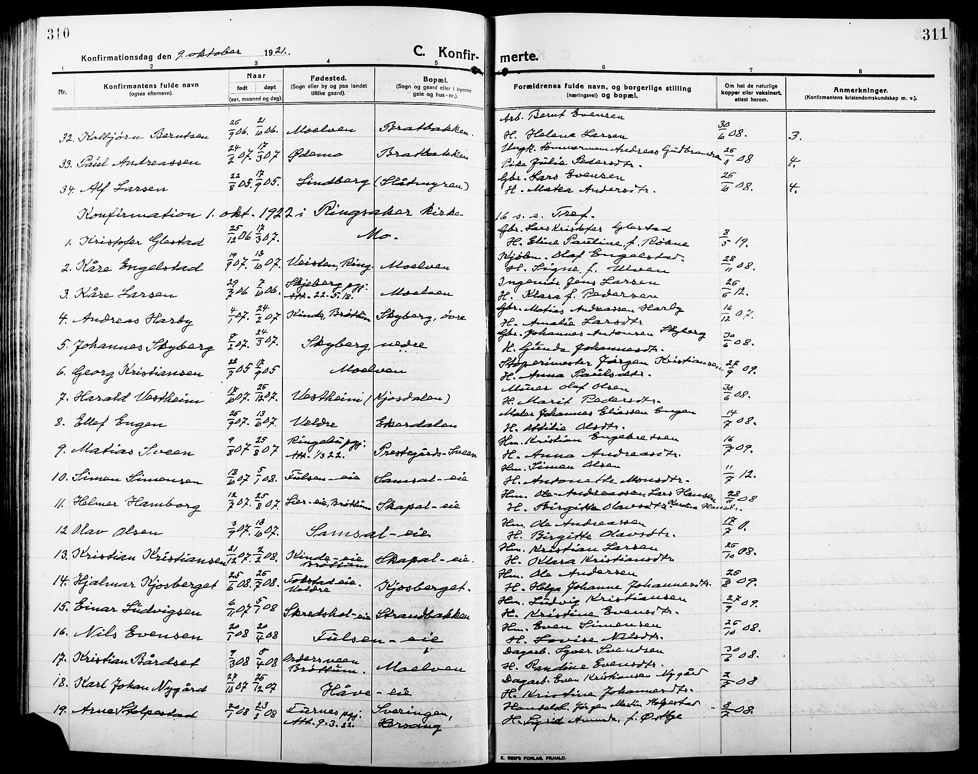 Ringsaker prestekontor, AV/SAH-PREST-014/L/La/L0018: Parish register (copy) no. 18, 1913-1922, p. 310-311