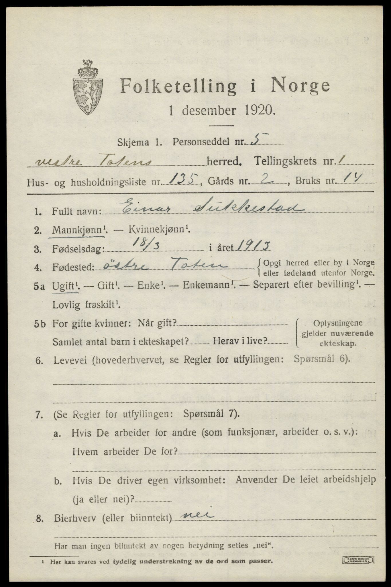 SAH, 1920 census for Vestre Toten, 1920, p. 3436