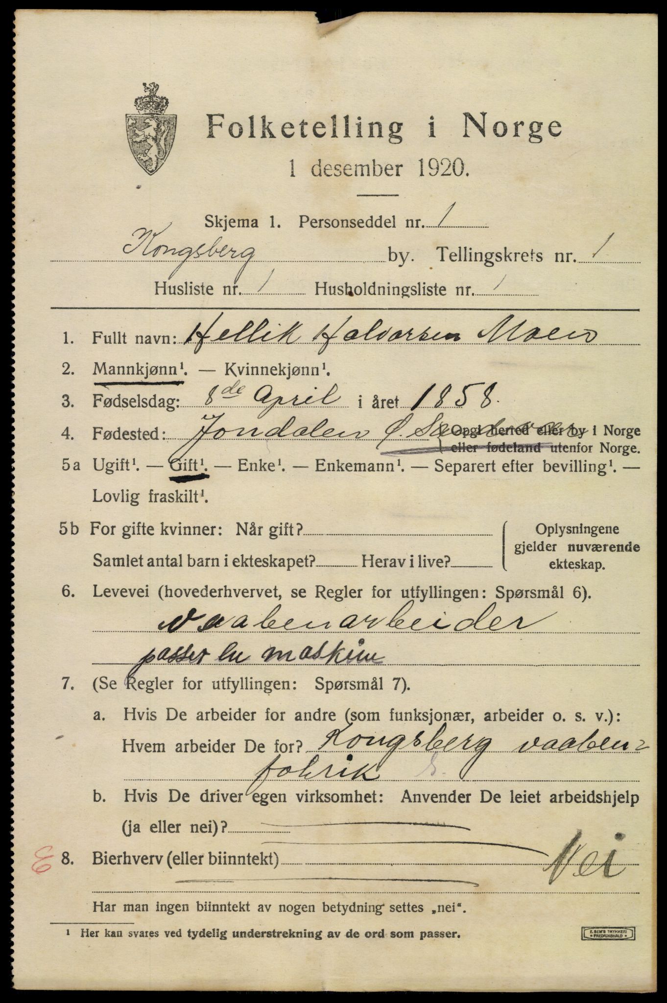 SAKO, 1920 census for Kongsberg, 1920, p. 5702