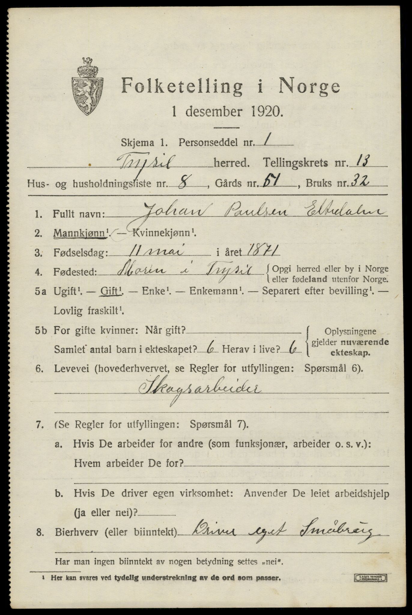 SAH, 1920 census for Trysil, 1920, p. 7721