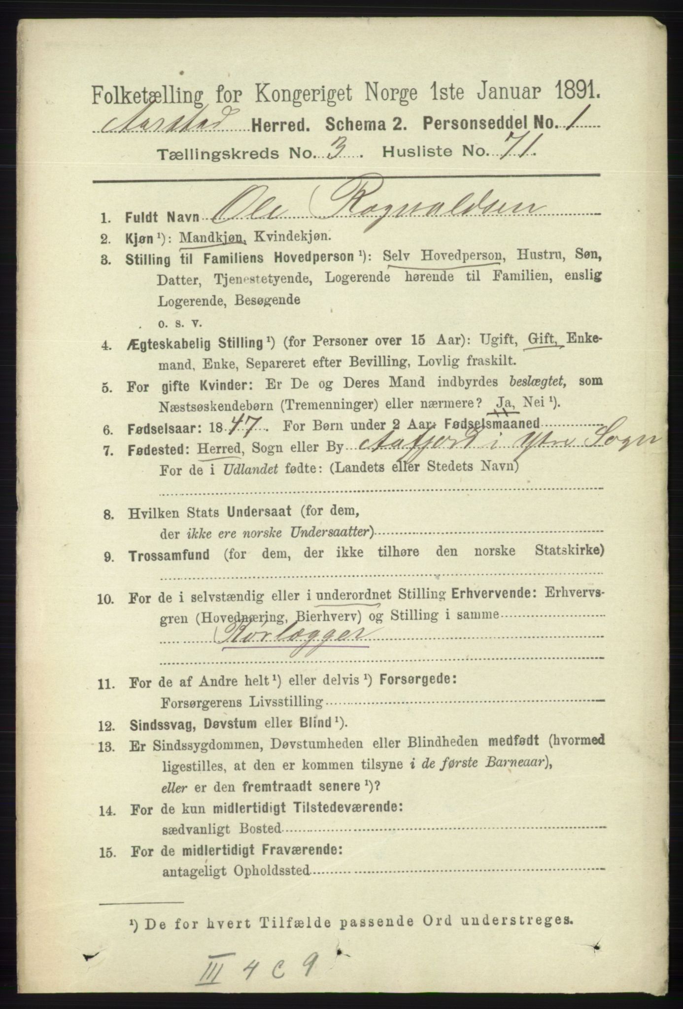 SAB, 1891 Census for 1280 Årstad, 1891, p. 2869