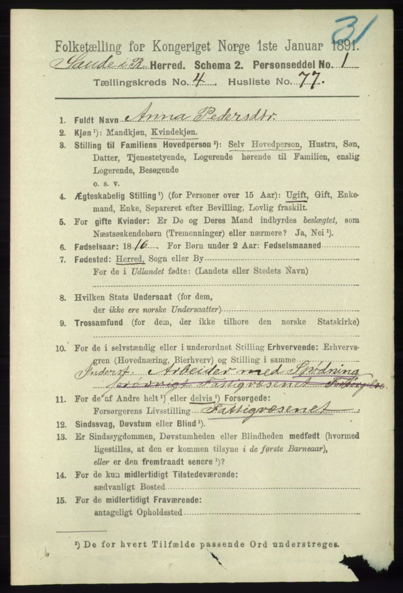 RA, 1891 census for 1135 Sauda, 1891, p. 2160