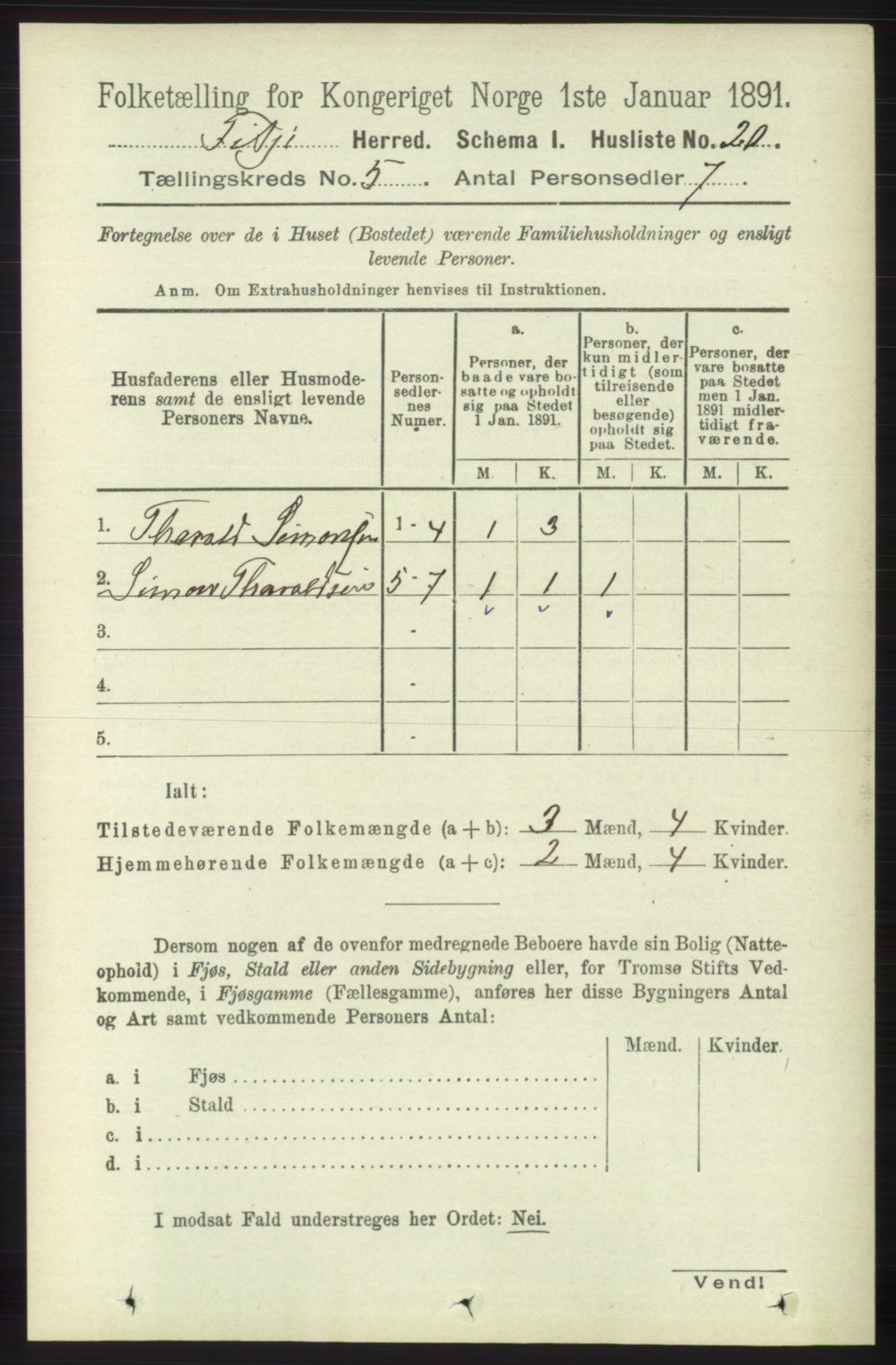 RA, 1891 census for 1222 Fitjar, 1891, p. 1696