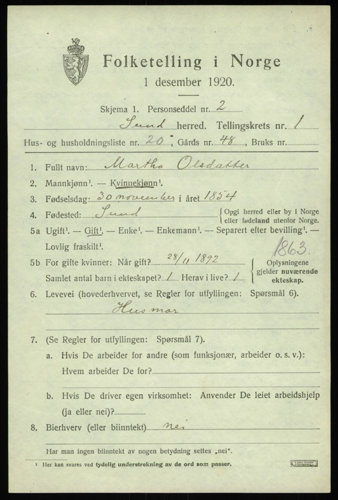 SAB, 1920 census for Sund, 1920, p. 1199