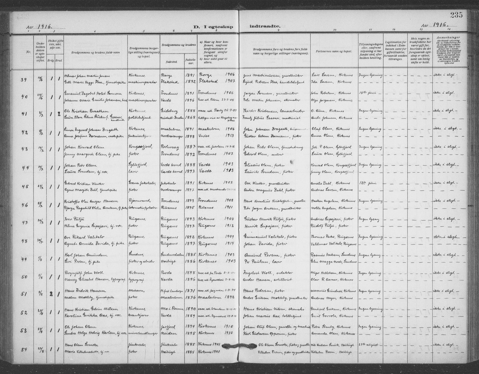 Sør-Varanger sokneprestkontor, SATØ/S-1331/H/Ha/L0005kirke: Parish register (official) no. 5, 1909-1919, p. 235