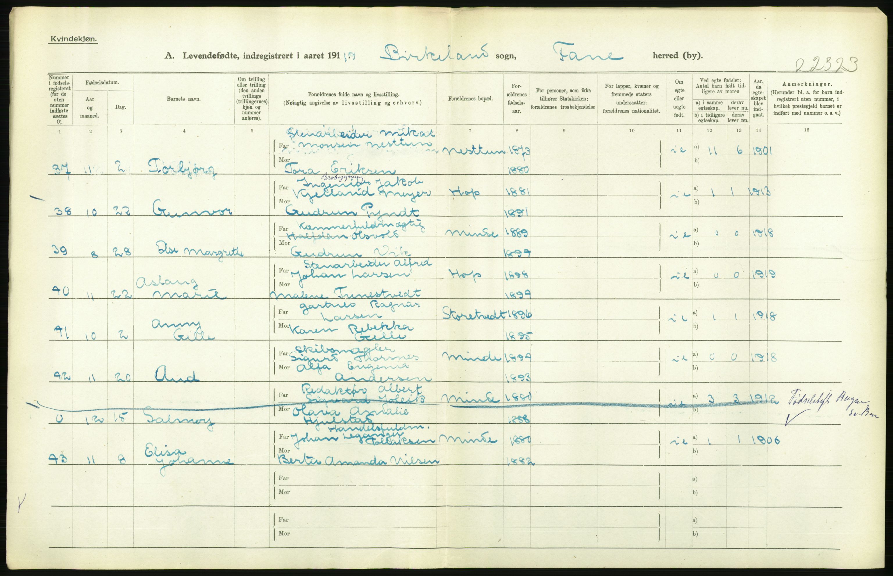 Statistisk sentralbyrå, Sosiodemografiske emner, Befolkning, RA/S-2228/D/Df/Dfb/Dfbi/L0031: Hordaland fylke: Levendefødte menn og kvinner. Bygder., 1919, p. 198