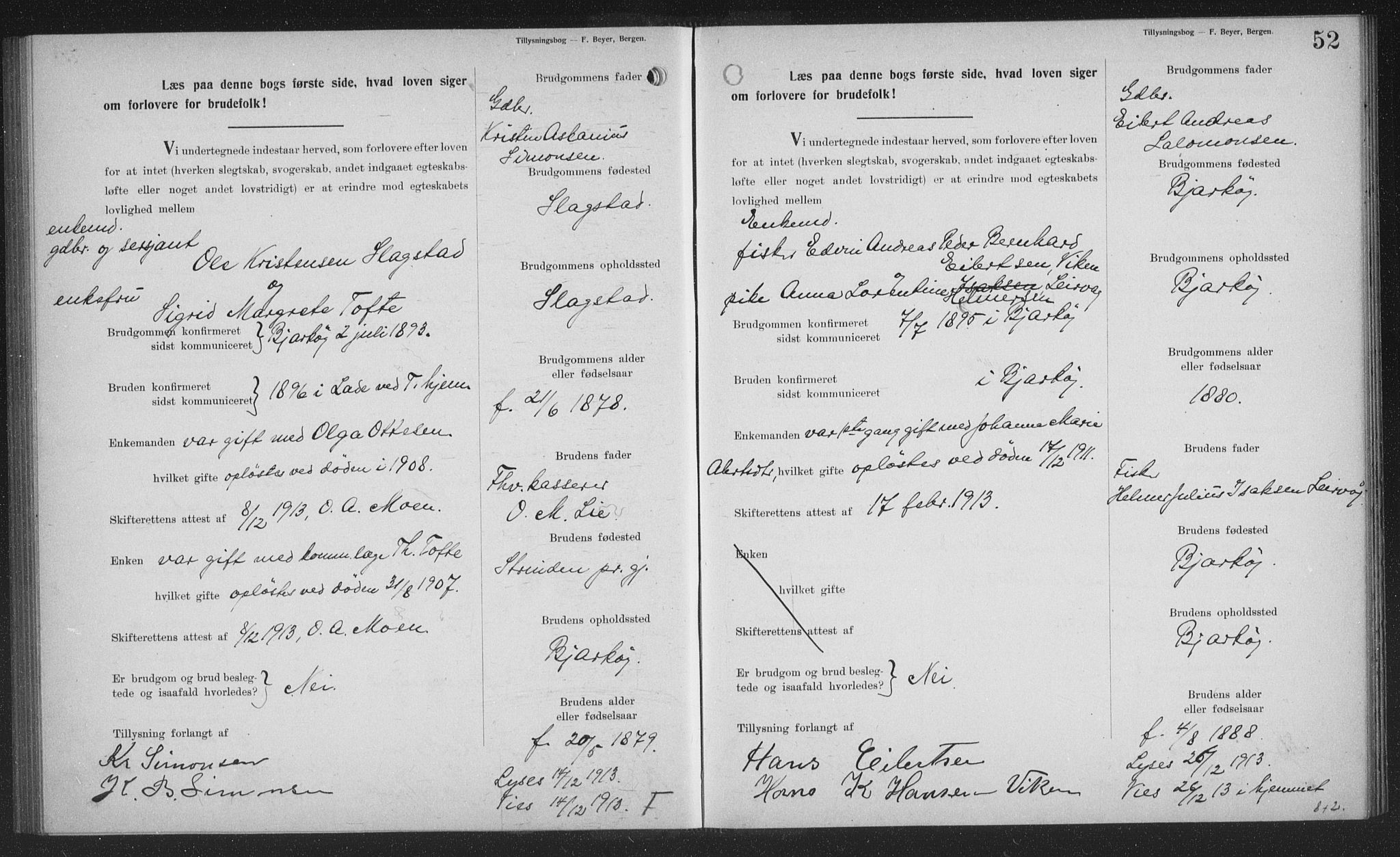 Sand/Bjarkøy sokneprestkontor, SATØ/S-0811/J/Jb/L0024: Banns register no. 24, 1905-1917, p. 52