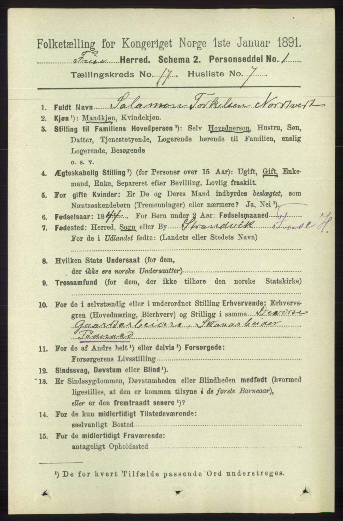 RA, 1891 census for 1241 Fusa, 1891, p. 3847