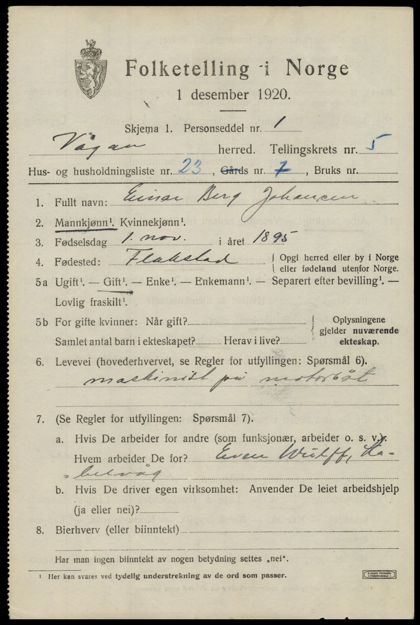 SAT, 1920 census for Vågan, 1920, p. 5421