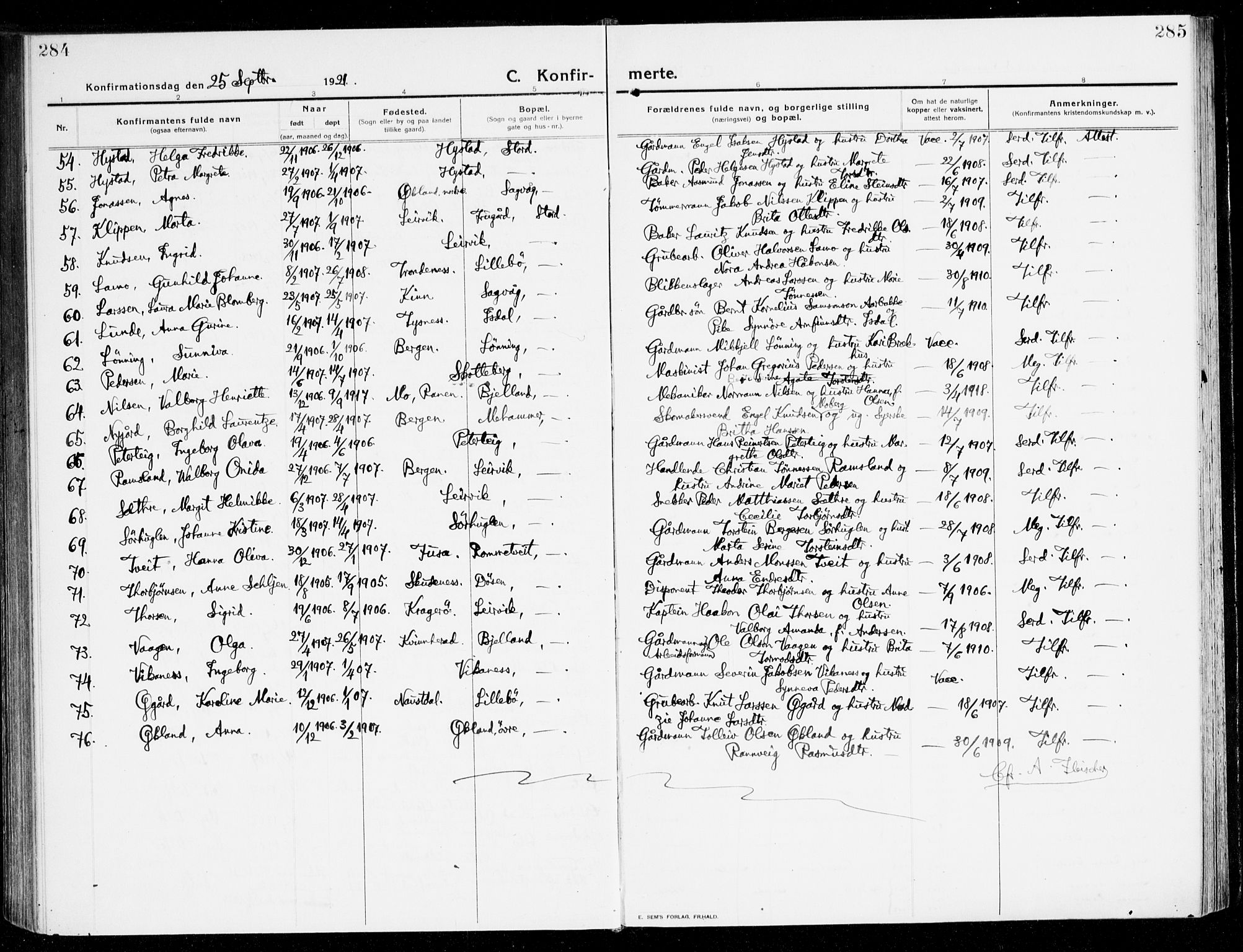 Stord sokneprestembete, SAB/A-78201/H/Haa: Parish register (official) no. B 3, 1913-1925, p. 284-285