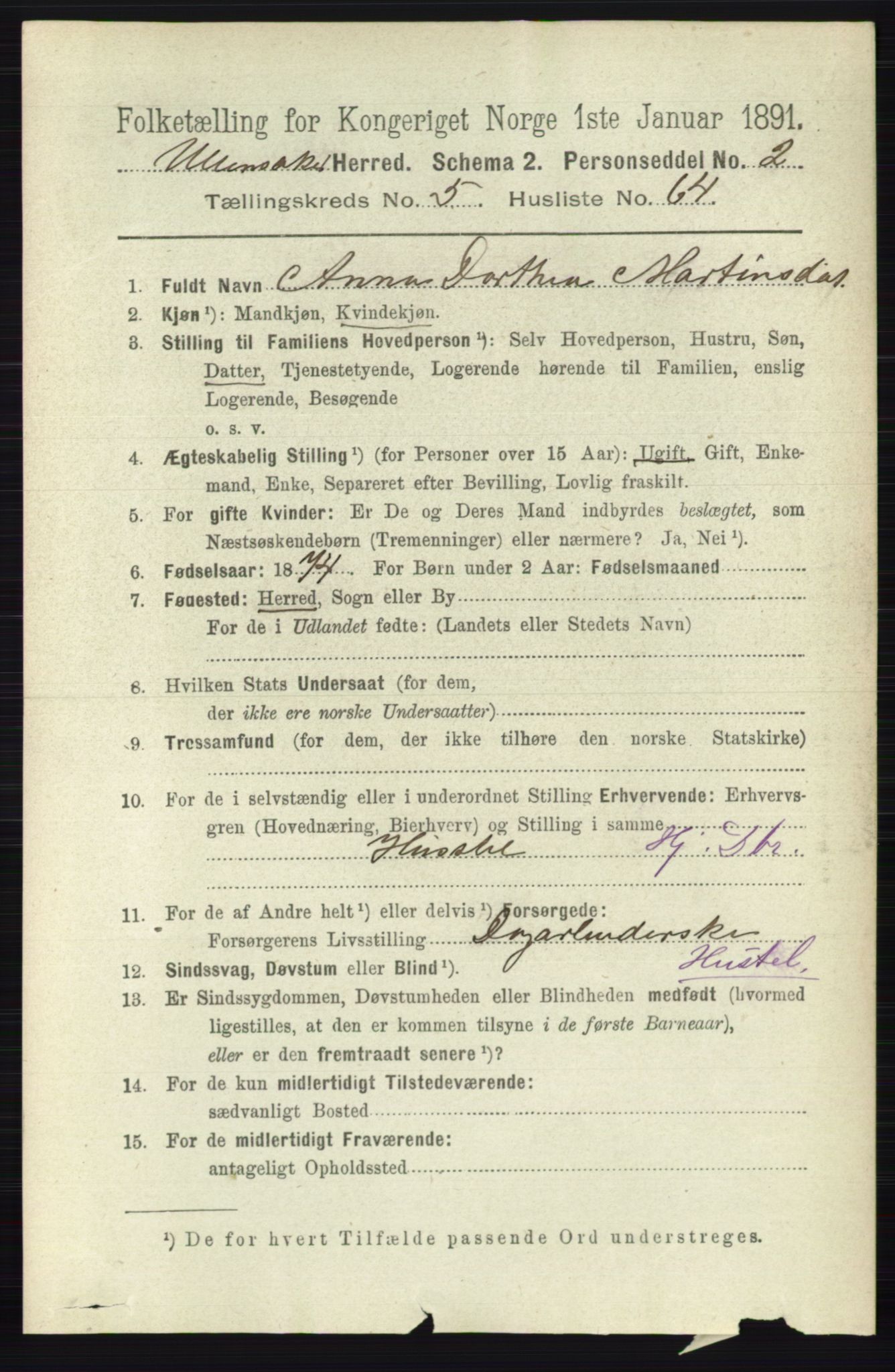 RA, 1891 census for 0235 Ullensaker, 1891, p. 2425