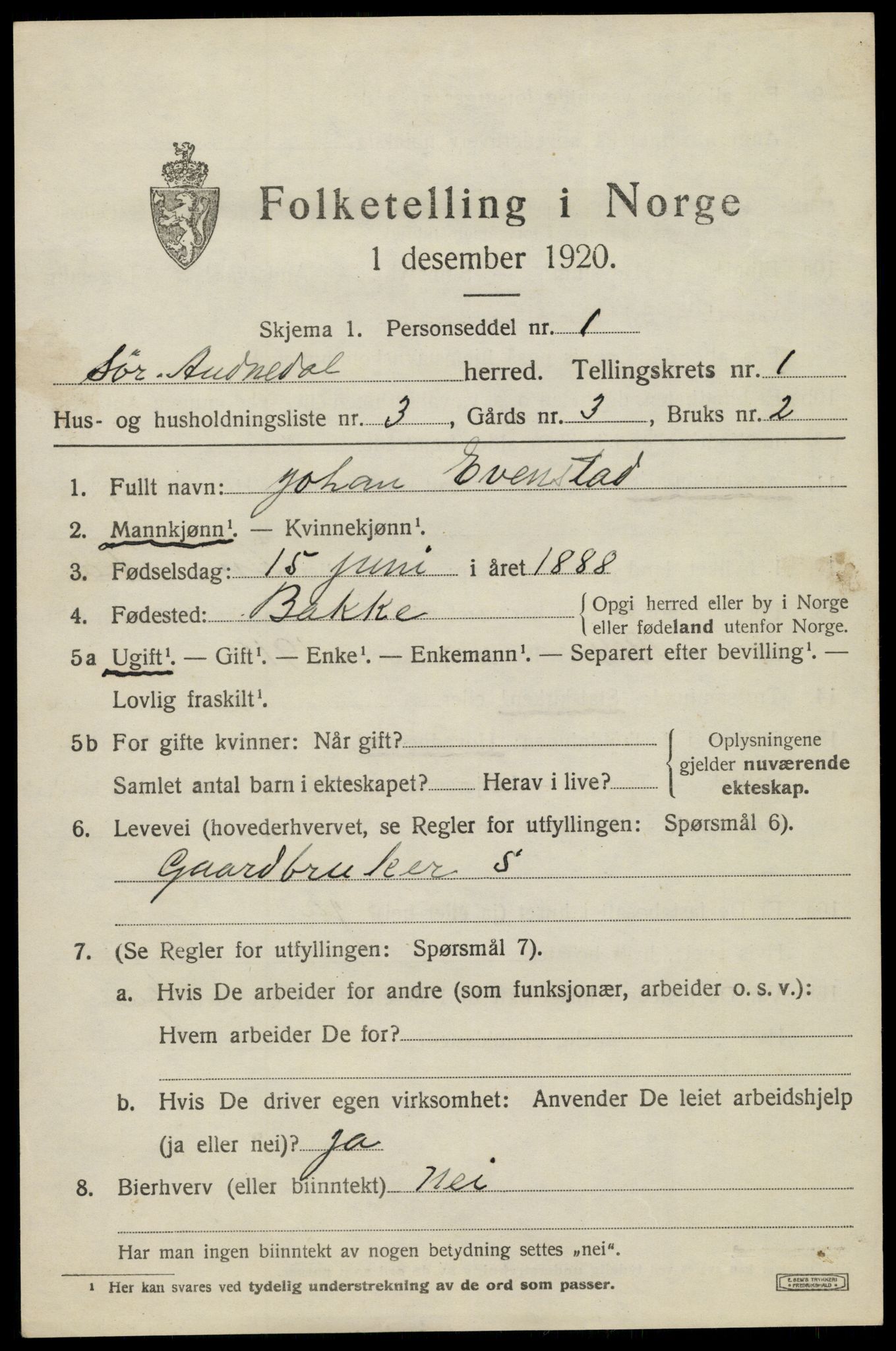 SAK, 1920 census for Sør-Audnedal, 1920, p. 1477
