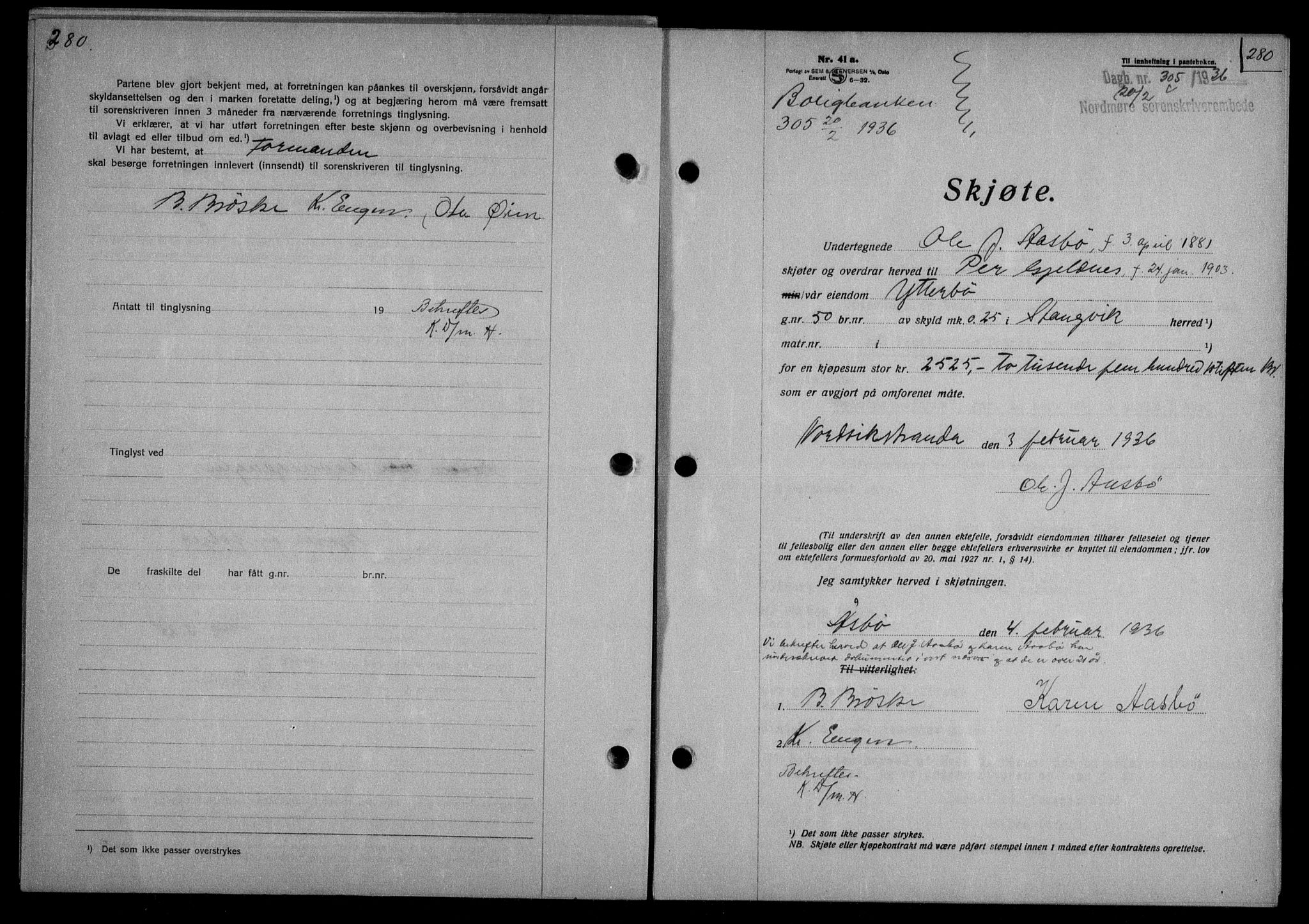 Nordmøre sorenskriveri, AV/SAT-A-4132/1/2/2Ca/L0087: Mortgage book no. 77, 1935-1936, Deed date: 20.02.1936