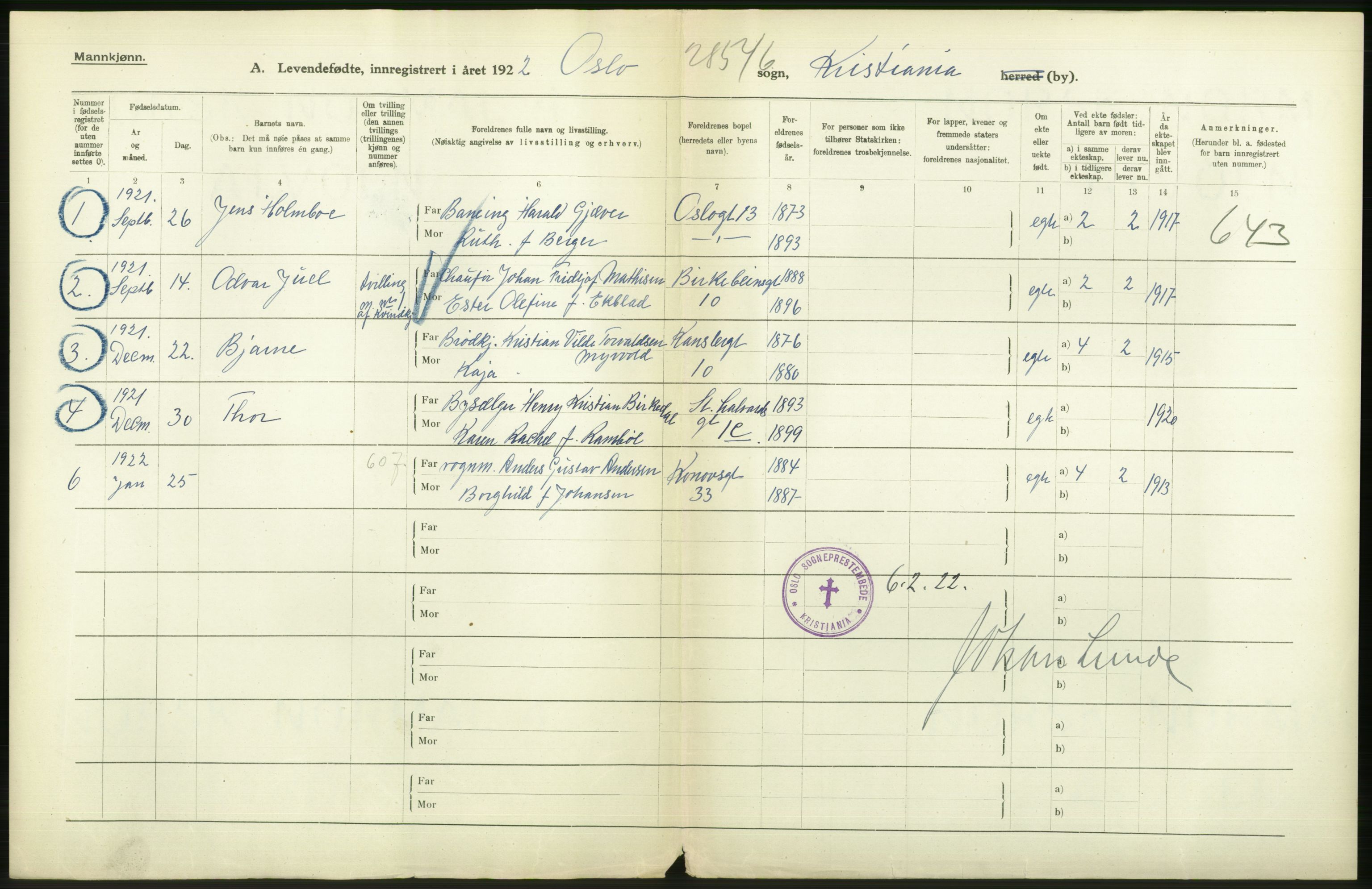 Statistisk sentralbyrå, Sosiodemografiske emner, Befolkning, AV/RA-S-2228/D/Df/Dfc/Dfcb/L0007: Kristiania: Levendefødte menn og kvinner., 1922, p. 2