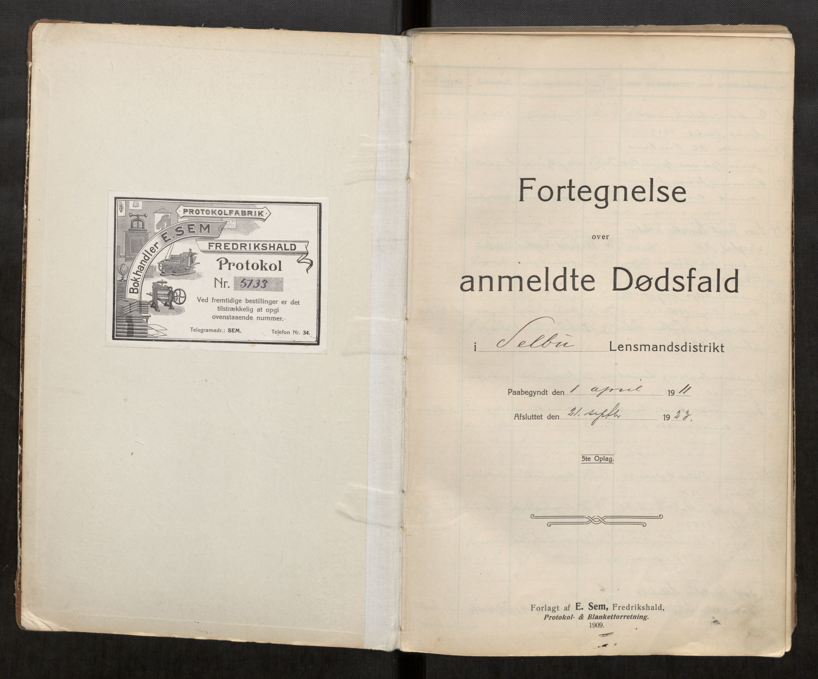 Selbu lensmannskontor, AV/SAT-A-1081/2/G/Ga/L0001: Dødsfallsprotokoll, 1911-1923