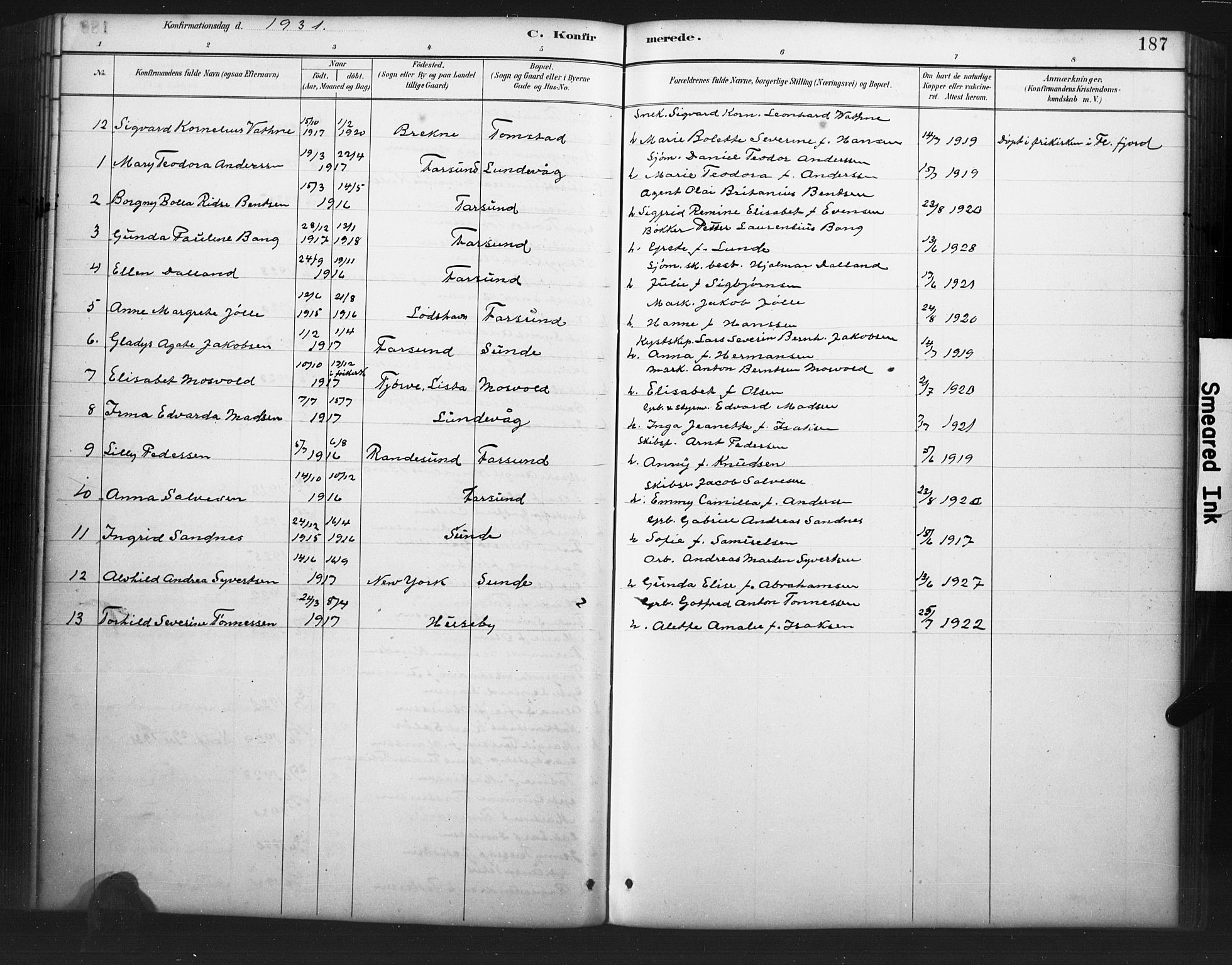 Farsund sokneprestkontor, AV/SAK-1111-0009/F/Fb/L0001: Parish register (copy) no. B 1, 1886-1931, p. 187