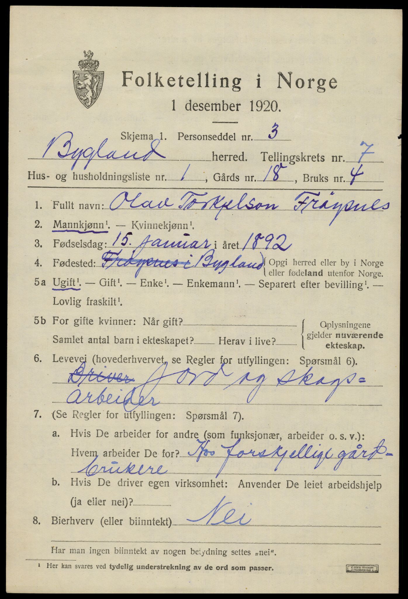 SAK, 1920 census for Bygland, 1920, p. 2623