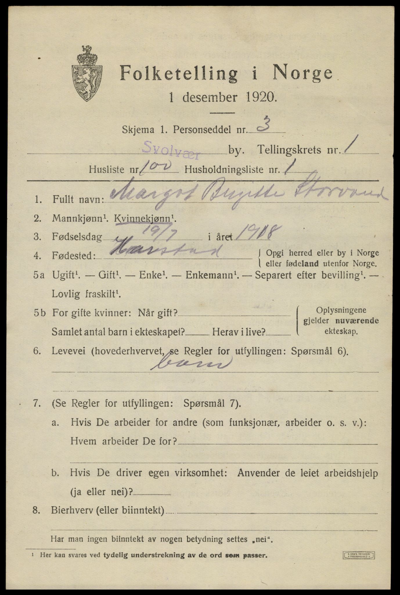 SAT, 1920 census for Svolvær, 1920, p. 3142