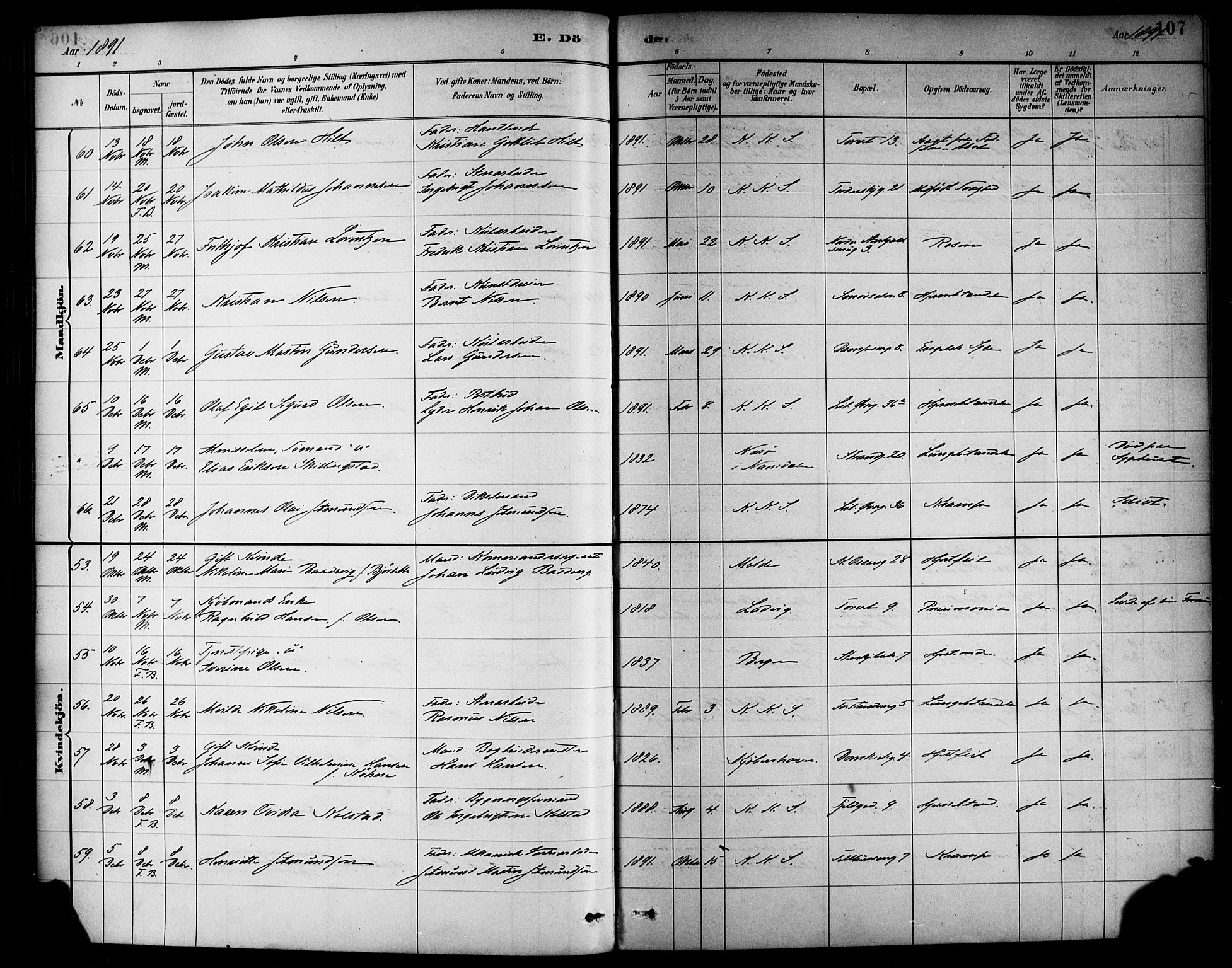 Korskirken sokneprestembete, AV/SAB-A-76101/H/Haa/L0047: Parish register (official) no. E 5, 1884-1910, p. 107