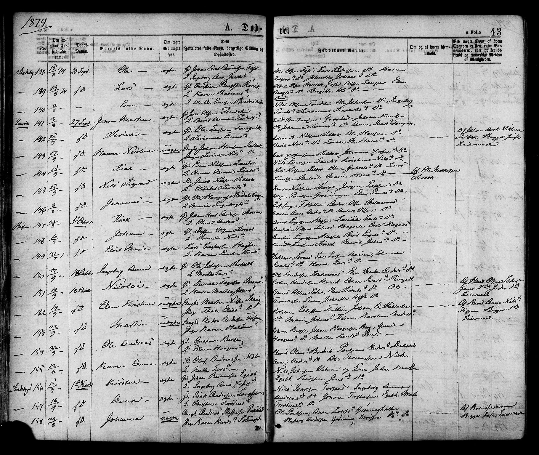 Ministerialprotokoller, klokkerbøker og fødselsregistre - Sør-Trøndelag, AV/SAT-A-1456/646/L0613: Parish register (official) no. 646A11, 1870-1884, p. 43