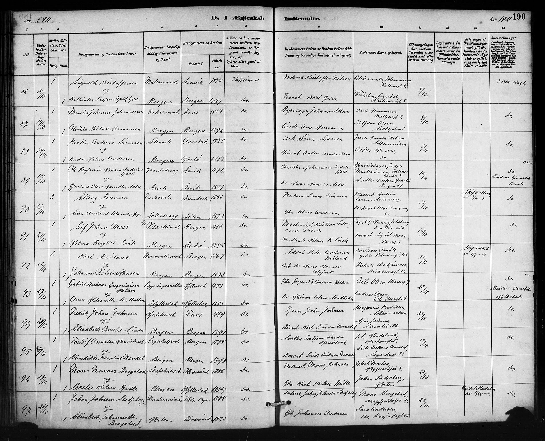 Johanneskirken sokneprestembete, AV/SAB-A-76001/H/Hab: Parish register (copy) no. C 1, 1885-1912, p. 190