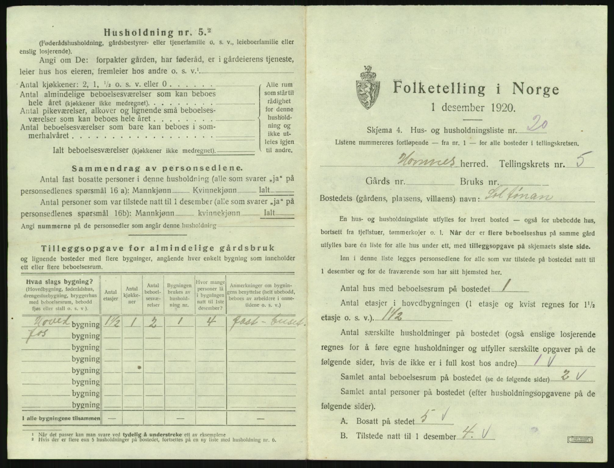 SAK, 1920 census for Hornnes, 1920, p. 241