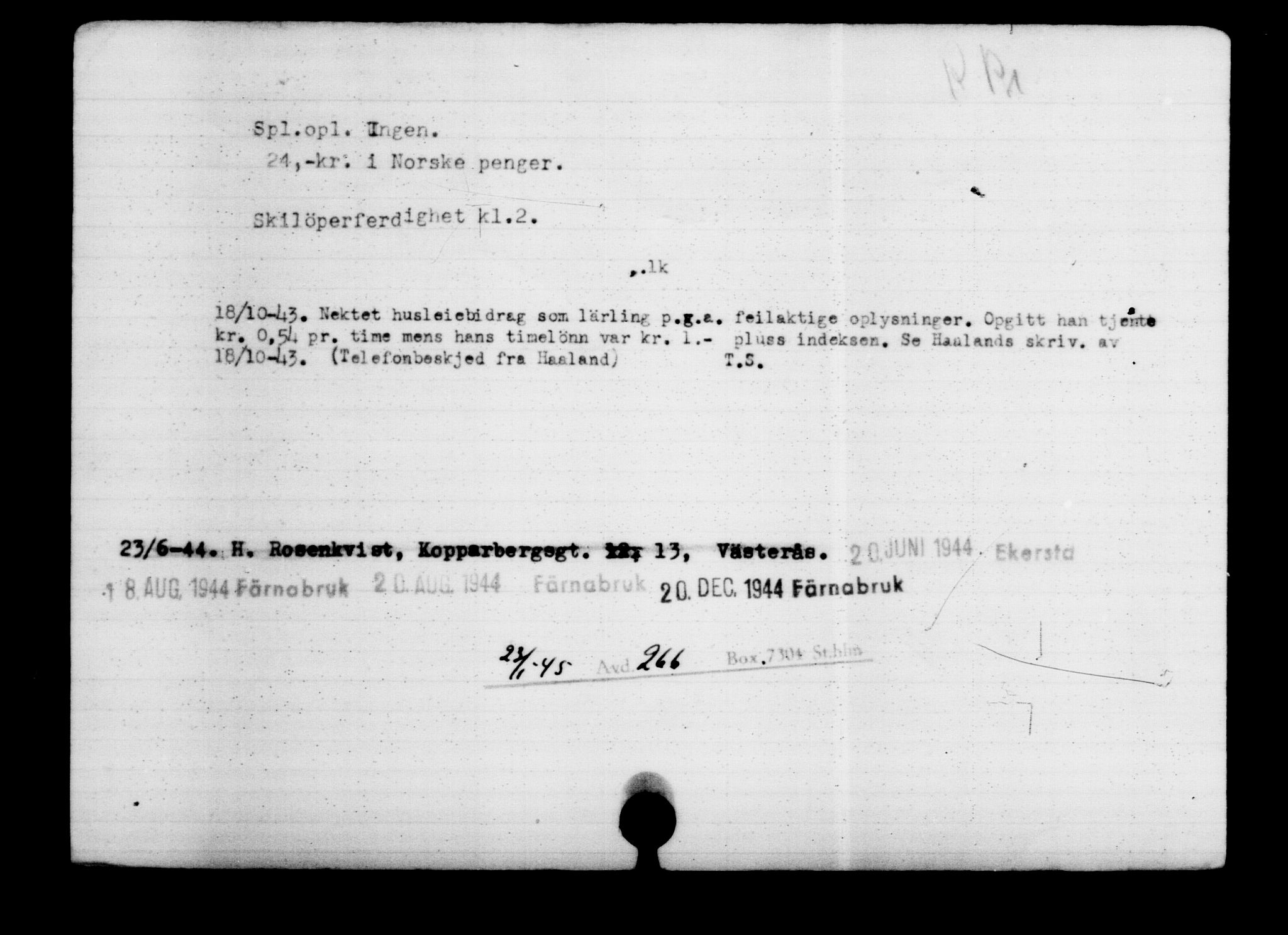 Utenriksstasjonene, Legasjonen i Stockholm, Flyktningkontoret, AV/RA-S-6753/V/Va/L0003: Kjesäterkartoteket, flyktninger med registreringsnr. 2001-3495, 1940-1945, p. 2003