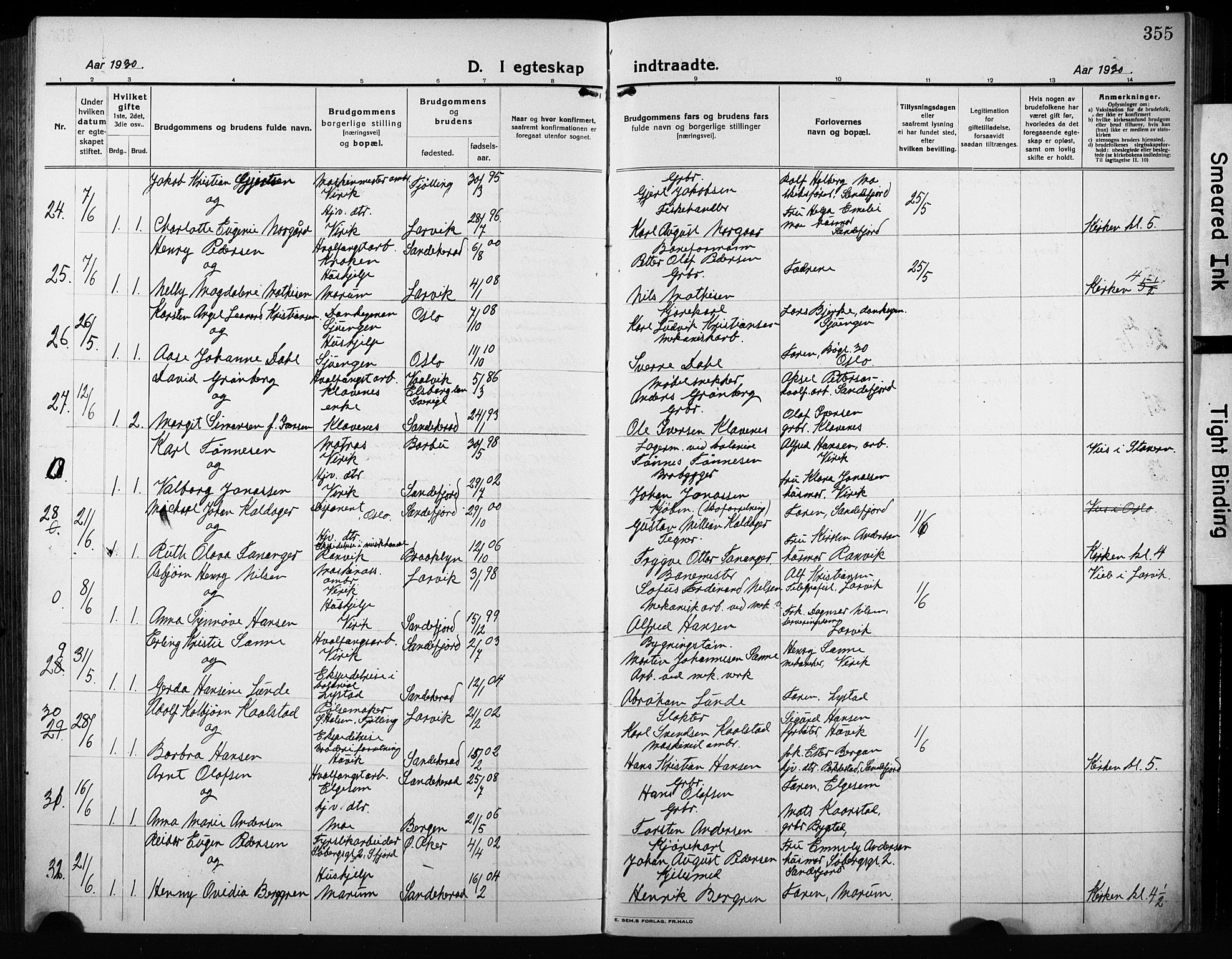 Sandar kirkebøker, AV/SAKO-A-243/G/Ga/L0004: Parish register (copy) no. 4, 1922-1932, p. 355