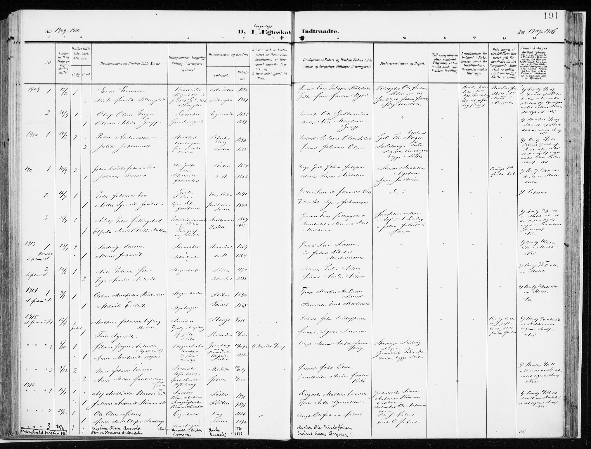 Løten prestekontor, SAH/PREST-022/K/Ka/L0011: Parish register (official) no. 11, 1908-1917, p. 191