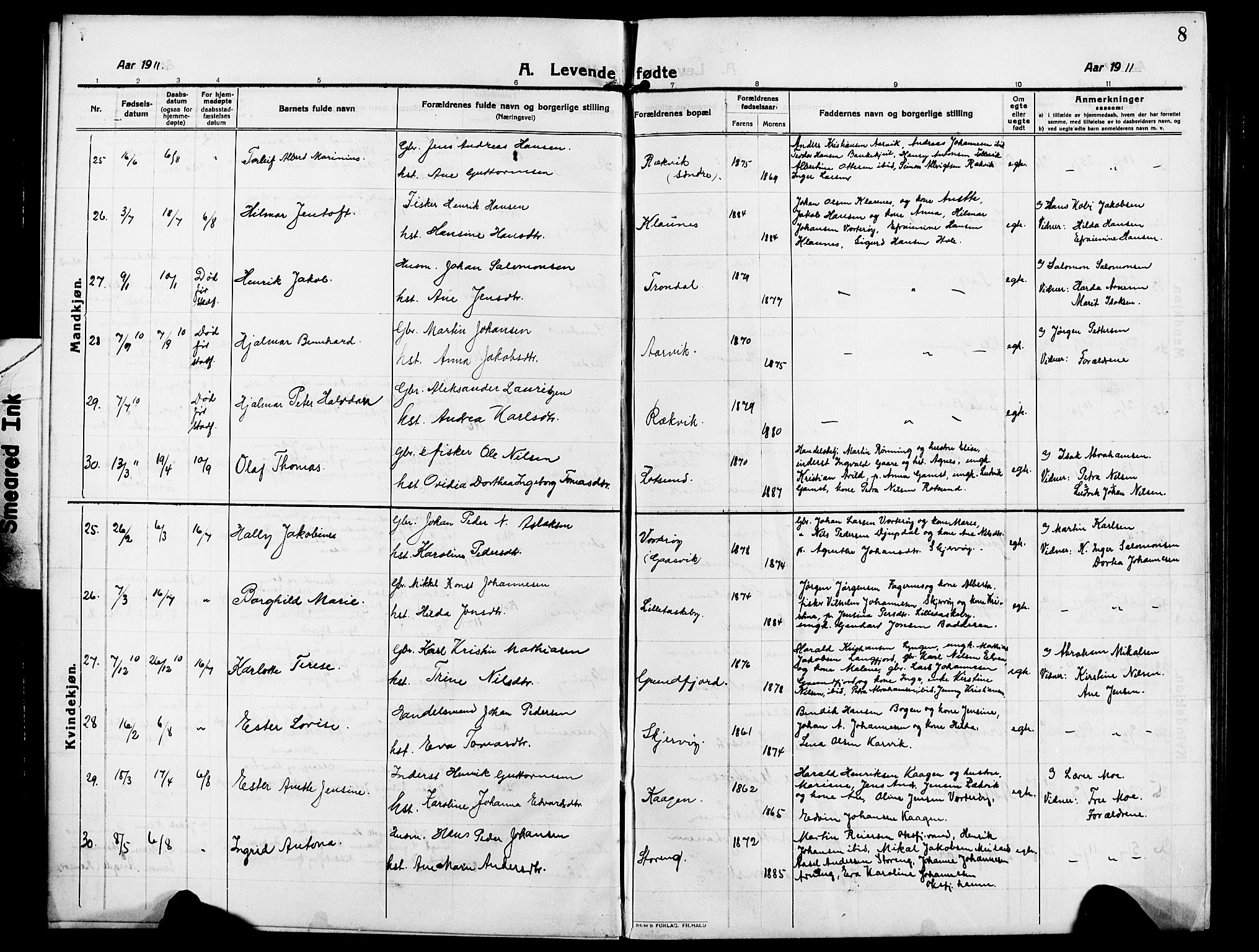 Skjervøy sokneprestkontor, AV/SATØ-S-1300/H/Ha/Hab/L0009klokker: Parish register (copy) no. 9, 1911-1926, p. 8