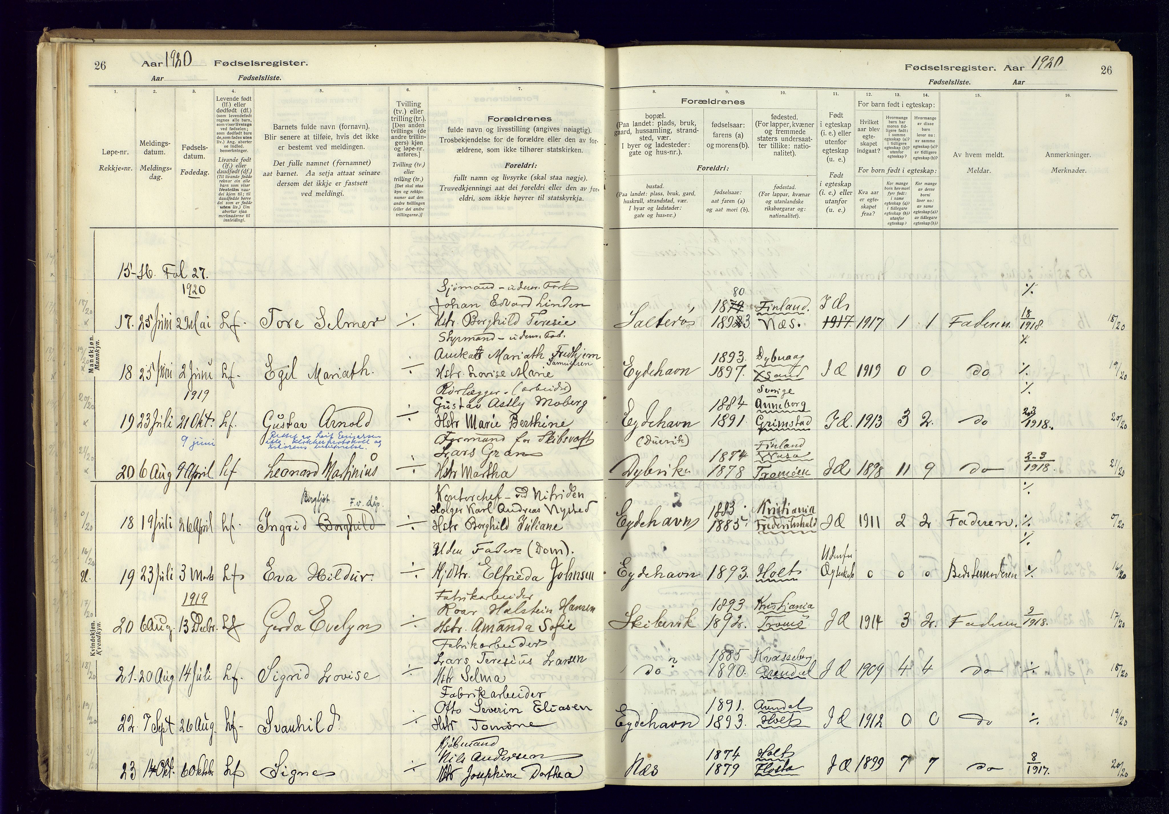 Austre Moland sokneprestkontor, AV/SAK-1111-0001/J/Ja/L0003: Birth register no. A-VI-27, 1916-1950, p. 26