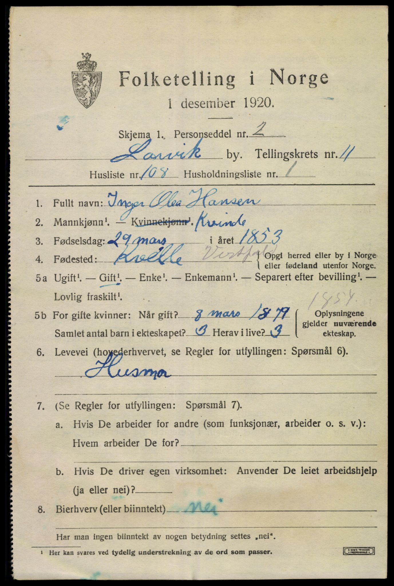 SAKO, 1920 census for Larvik, 1920, p. 30530