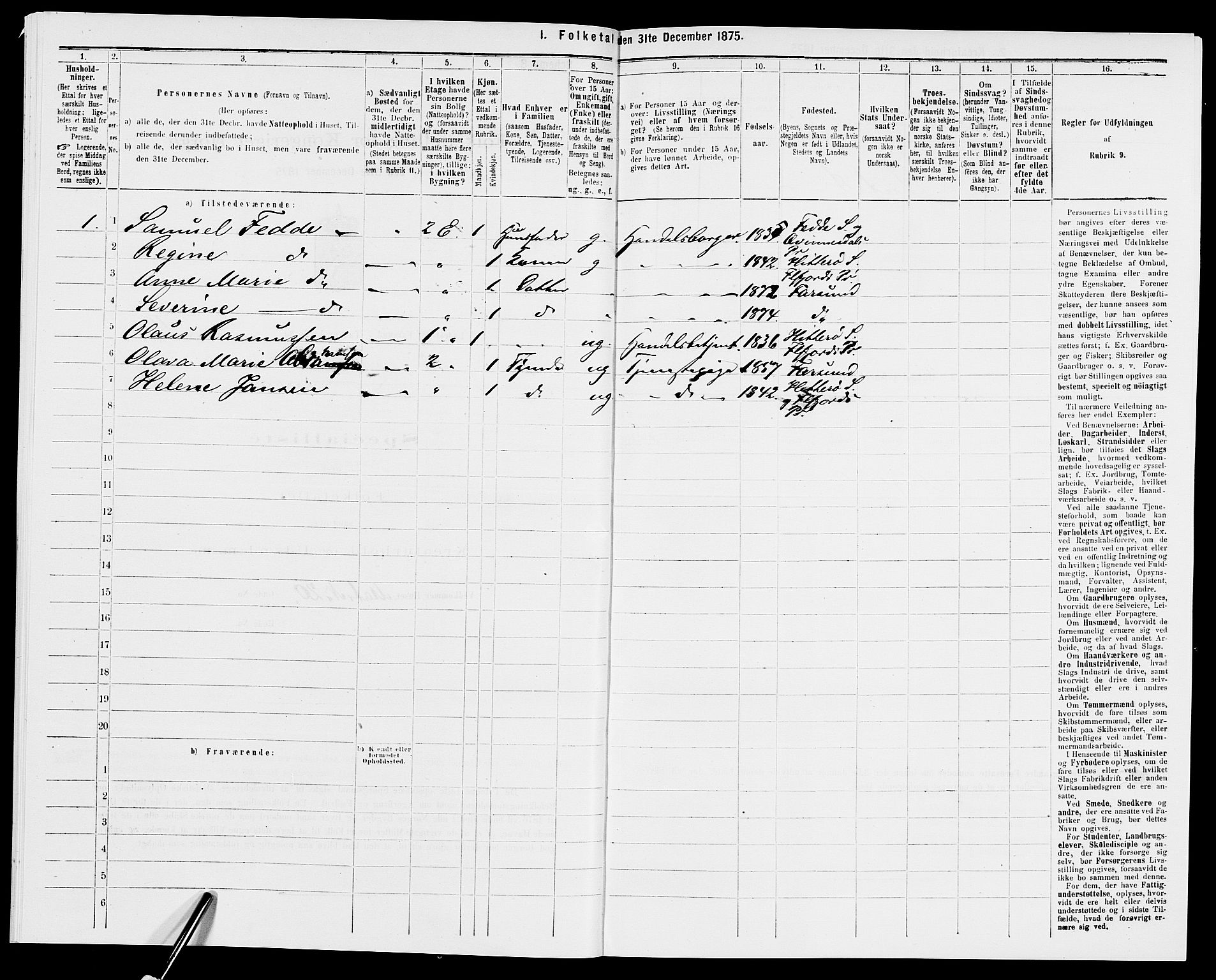 SAK, 1875 census for 1003B Vanse/Farsund, 1875, p. 39