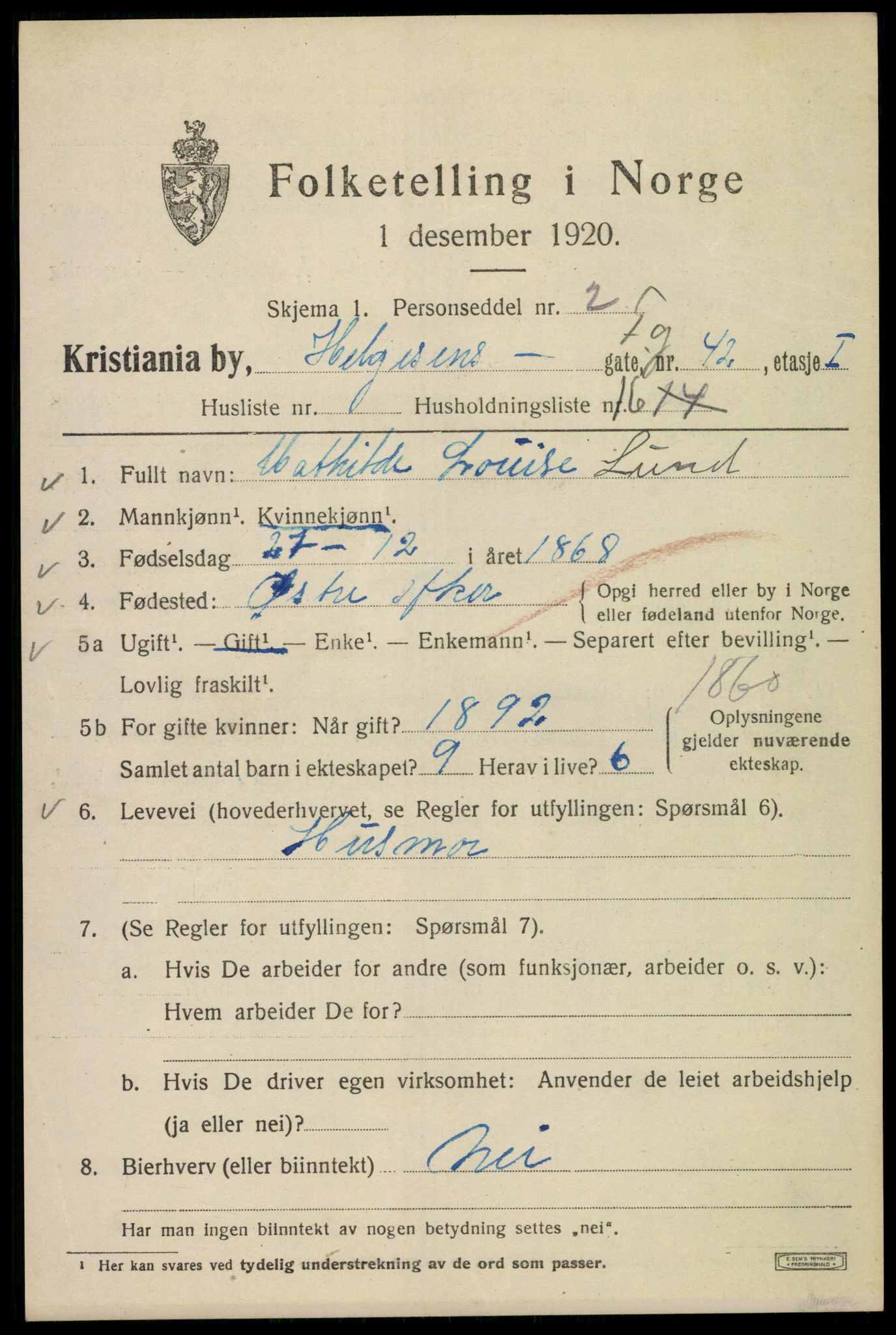 SAO, 1920 census for Kristiania, 1920, p. 285289